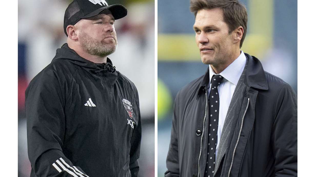 This photo combo shows left D.C. United head coach Wayne Rooney as he walks off the field after an MLS soccer match against Inter Miami, Saturday, July 8, 2023, in Washington, and right Former NFL player and Fox NFL host Tom Brady prior to the NFL football game between the Pittsburgh Steelers and the Philadelphia Eagles, Sunday, Dec. 15, 2024, in Philadelphia.