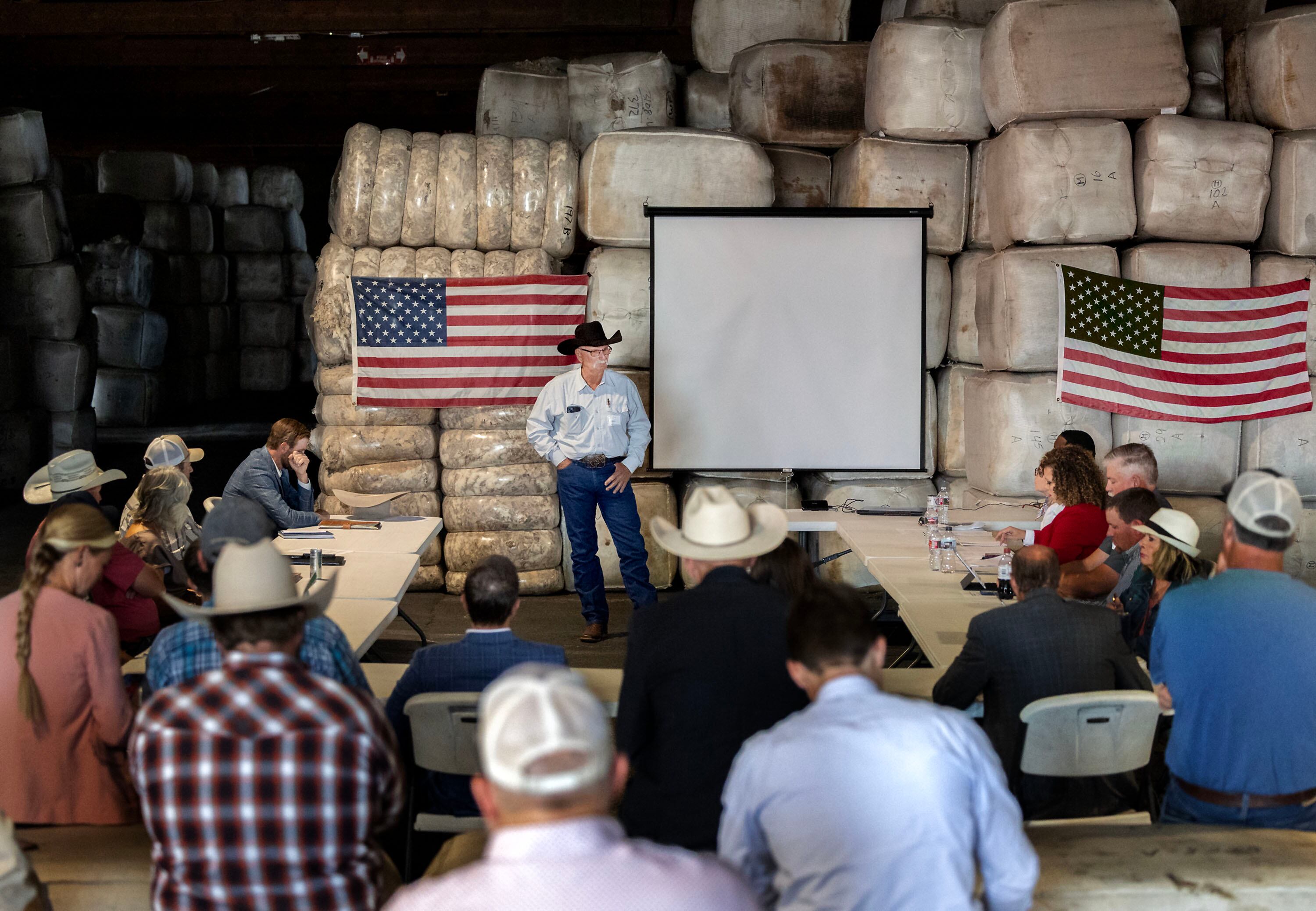 Scott Stubbs speaks at the Utah Wool Marketing Association’s office in Tooele on Thursday. Rep. Burgess Owens said he wants to "make farming great again."