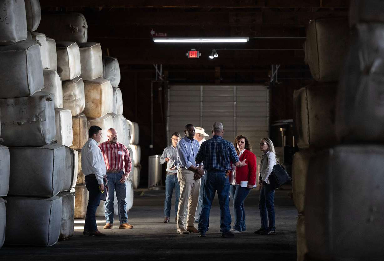 Rep. Celeste Maloy, Julie Callahan and Rep. Burgess Owens tour the Utah Wool Marketing Association in Tooele on Thursday. The visit comes as a push to revitalize Utah's sheep industry continues.