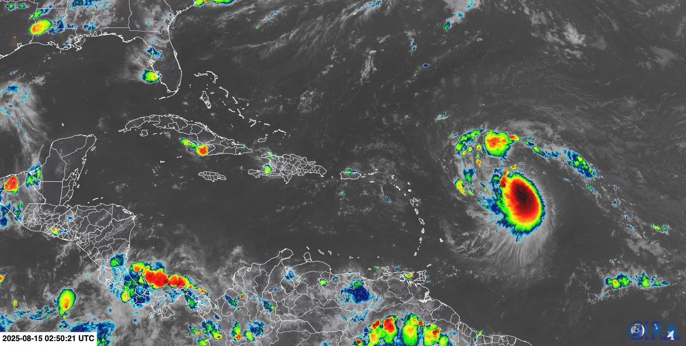 A satellite image of then-Tropical Storm Erin. After an early summer lull, Erin became the first Atlantic hurricane of 2025 and is expected to rapidly intensify this weekend.
