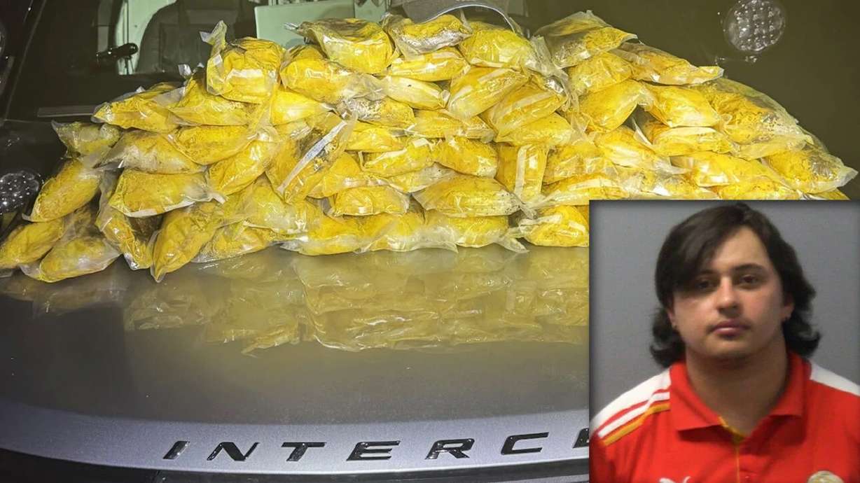 Composite image of 68 pounds of suspected methamphetamine recovered during a traffic stop in Mesquite, Nev., with overlay booking photo of 30-year-old Fredys Ortega Perez, in Mesquite, Nev., Tuesday.