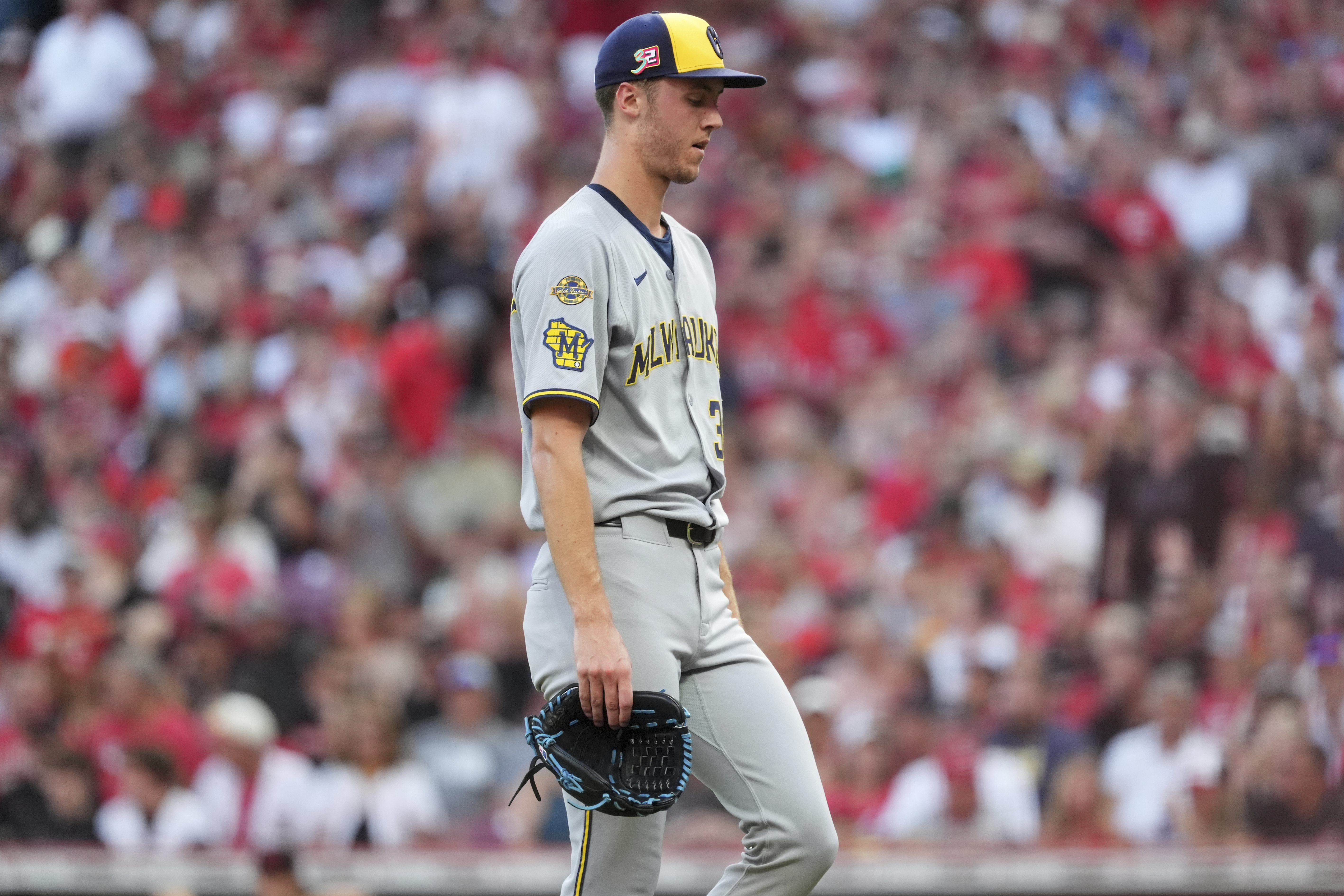 Milwaukee Brewers' Jacob Misiorowski exits the game in the second inning of a baseball game Cincinnati Reds, Friday, Aug. 15, 2025, in Cincinnati. 