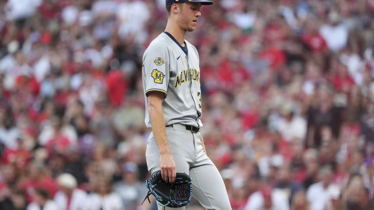 Milwaukee Brewers' Jacob Misiorowski exits the game in the second inning of a baseball game Cincinnati Reds, Friday, Aug. 15, 2025, in Cincinnati.