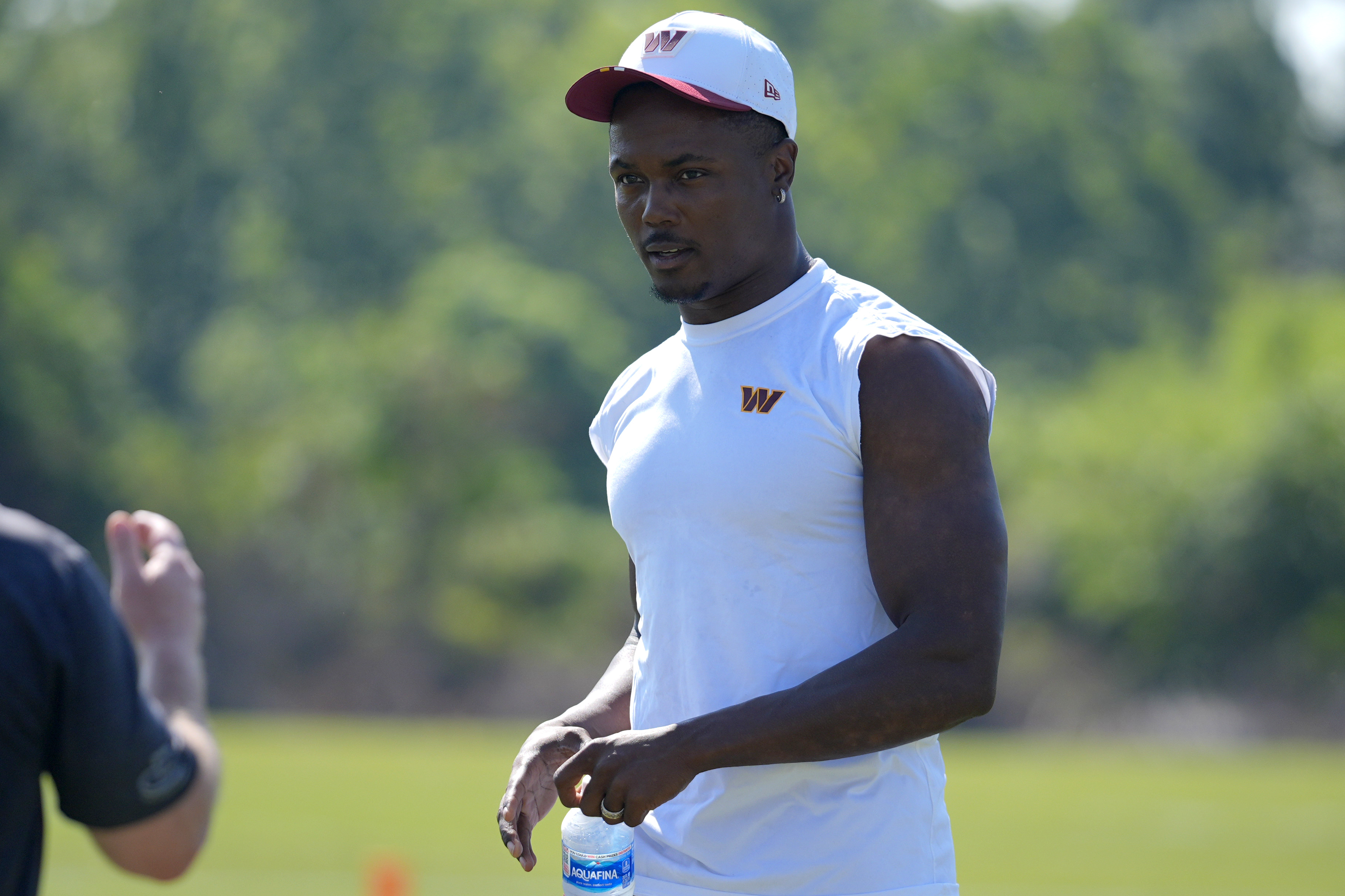 Washington Commanders wide receiver Terry McLaurin walks across the field after a practice at the team's NFL football training camp, Sunday, July 27, 2025, in Ashburn, Va. 