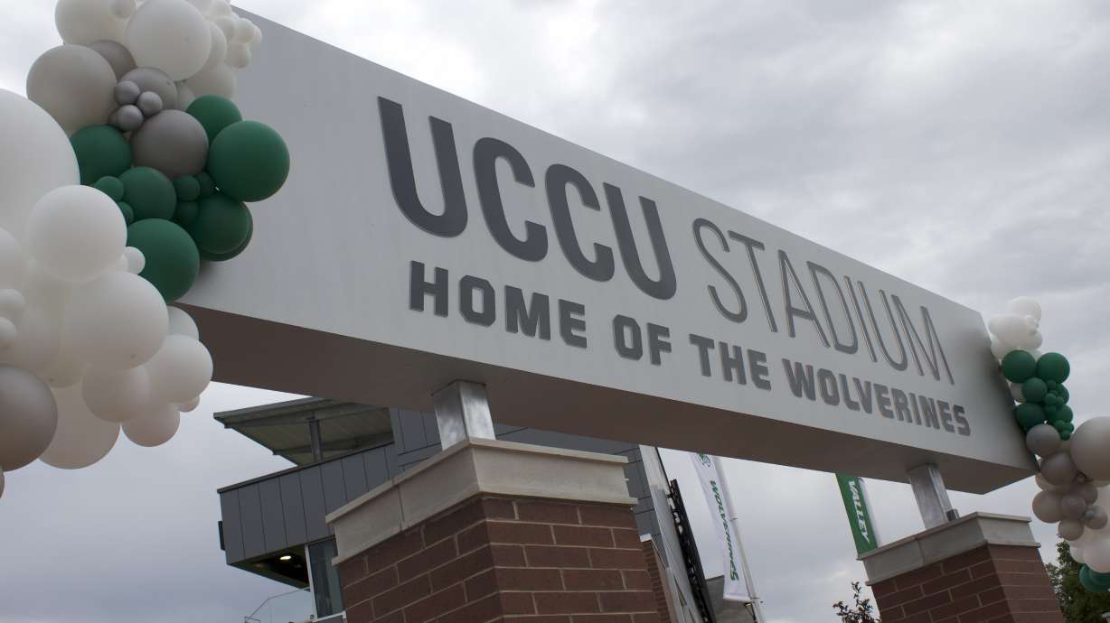 The facade of the newly reopened UCCU Stadium during the $28.5 million soccer stadium at Utah Valley University's ribbon-cutting ceremony, Friday, Aug. 15, 2025 in Orem, Utah.