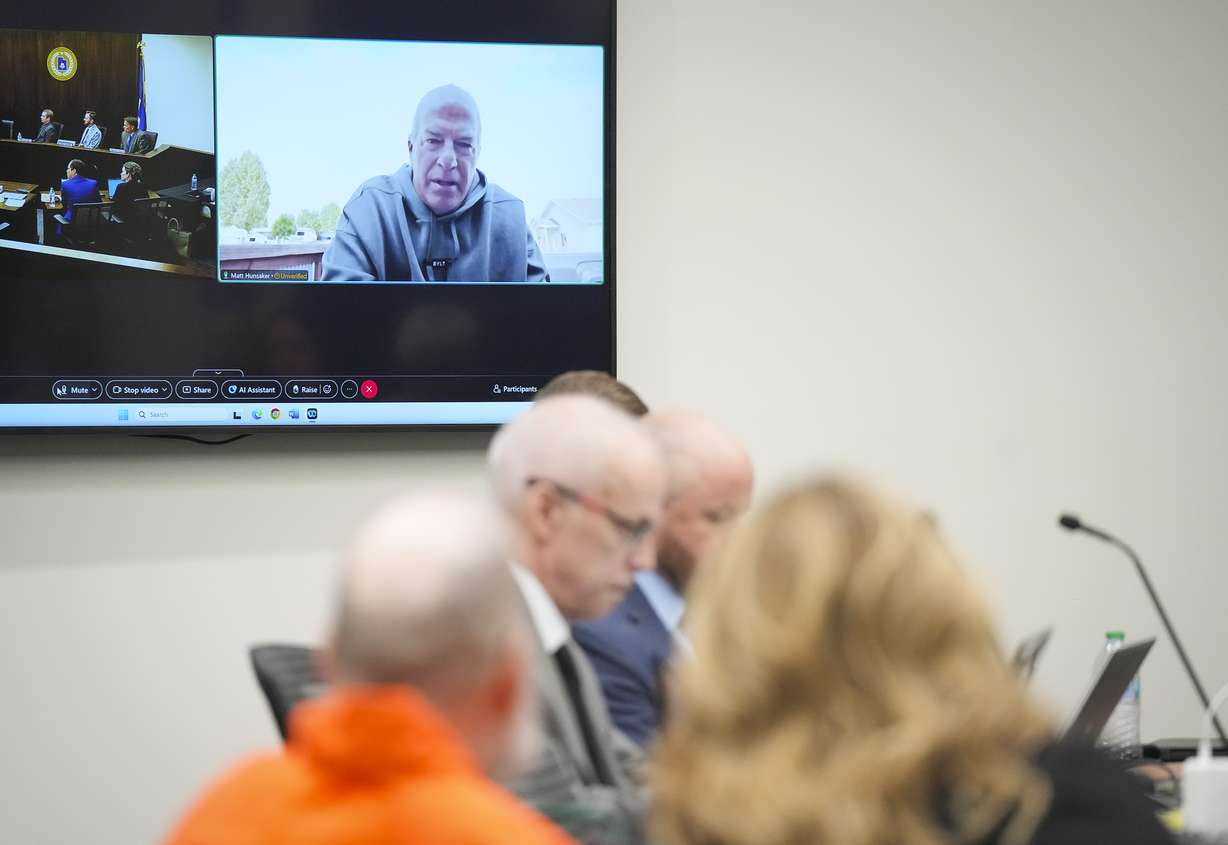 Matt Hunsaker, the son of Maurine Hunsaker, speaks remotely during the commutation hearing for Ralph Menzies, the man convicted with Hunsaker’s murder, at the Utah State Correctional Facility in Salt Lake City on Friday.