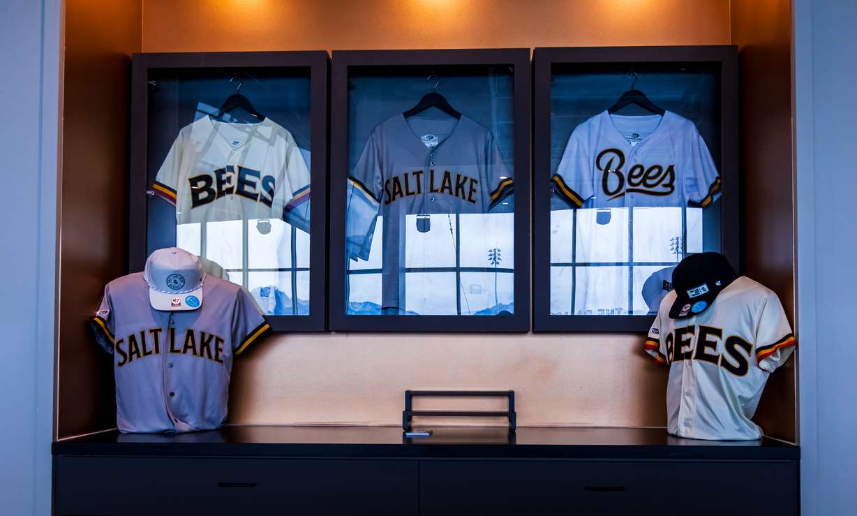 An assortment of Salt Lake Bees jerseys are displayed within The Ballpark at America First Square in South Jordan on Aug. 9.