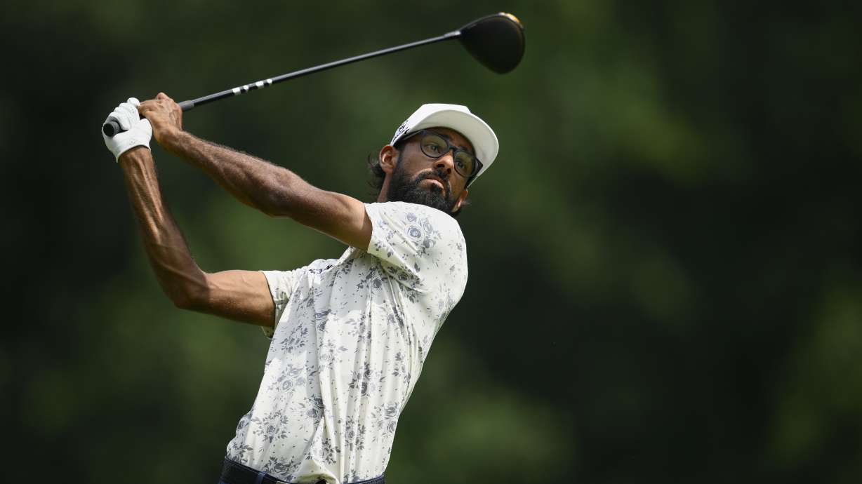 Akshay Bhatia hits from the seventh tee during the first round of the BMW Championship golf tournament Thursday, Aug. 14, 2025, in Owings Mills, Md.
