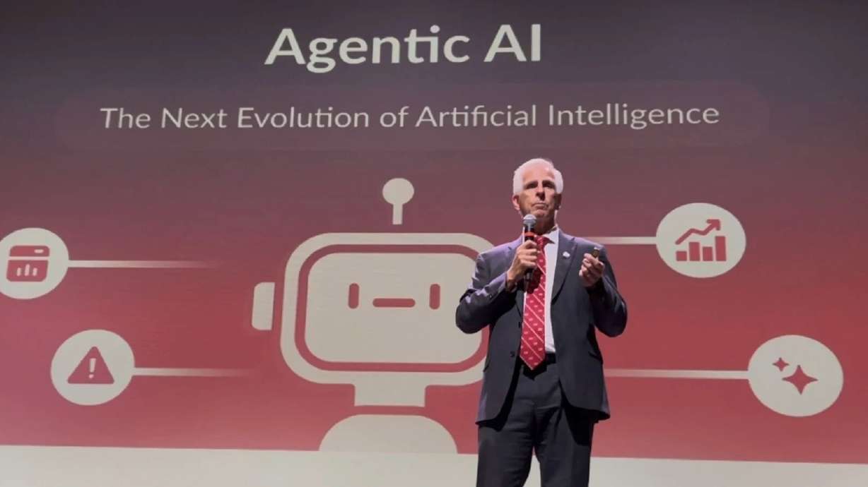 Utah Tech University provost Michael Lacourse speaks at the school's Fall Academic Convocation, Monday. Part of the convocation focused on artificial intelligence and how to best use it.