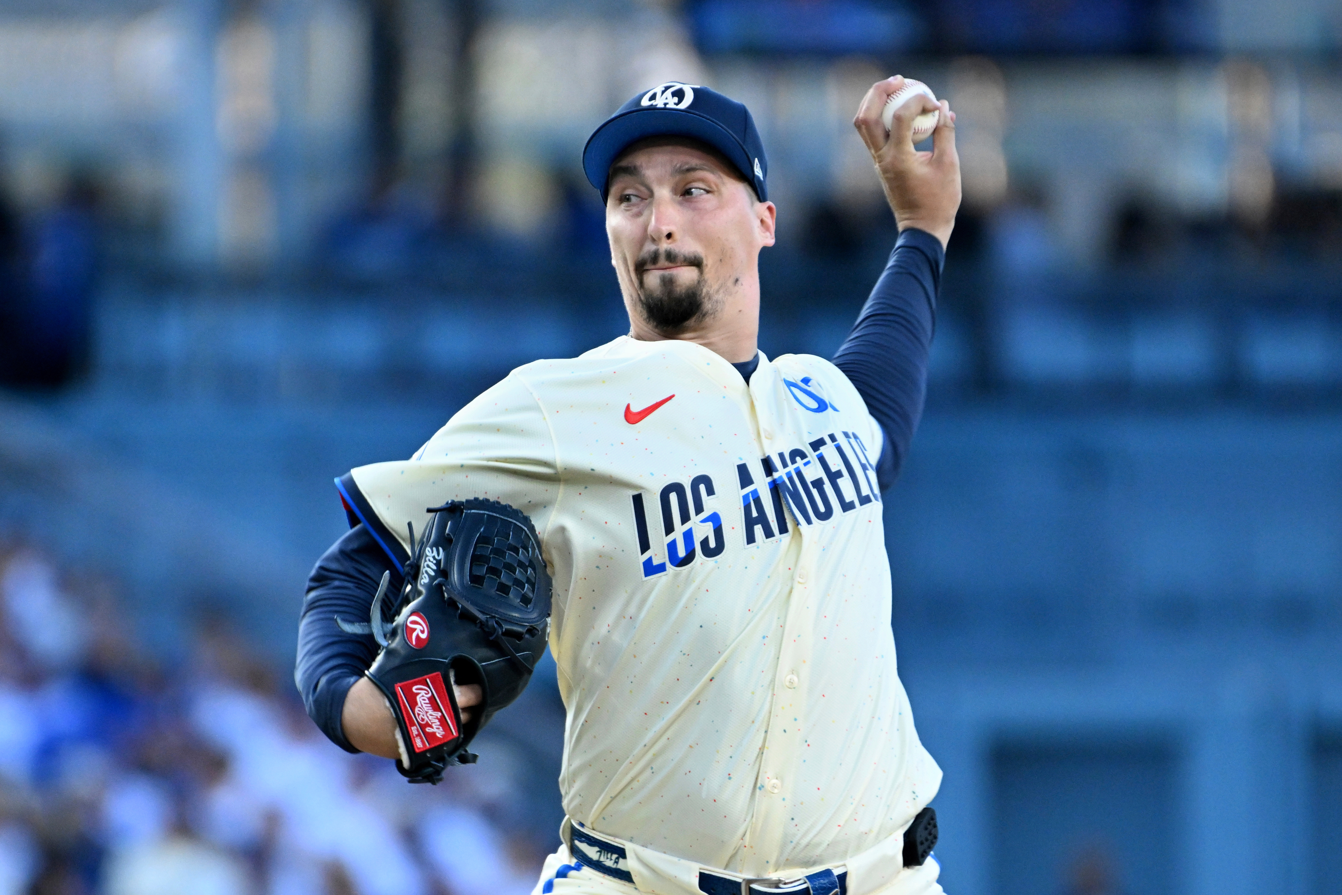 Los Angeles Dodgers pitcher Blake Snell throws against the San Diego Padres during the second inning of a baseball game Saturday, Aug. 16, 2025, in Los Angeles. 