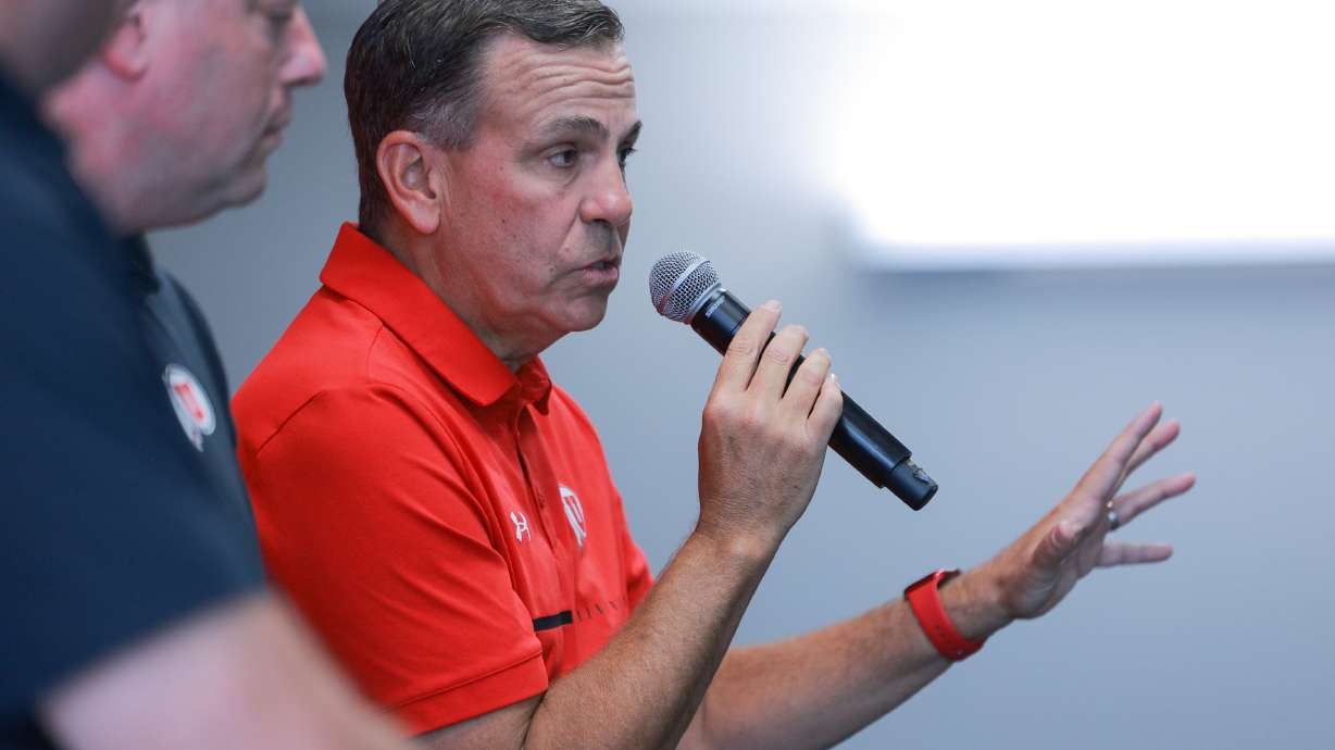 University of Utah Athletics Director Mark Harlan speaks during a town hall at Rice-Eccles Stadium's in Salt Lake City on Saturday, Aug. 16, 2025.