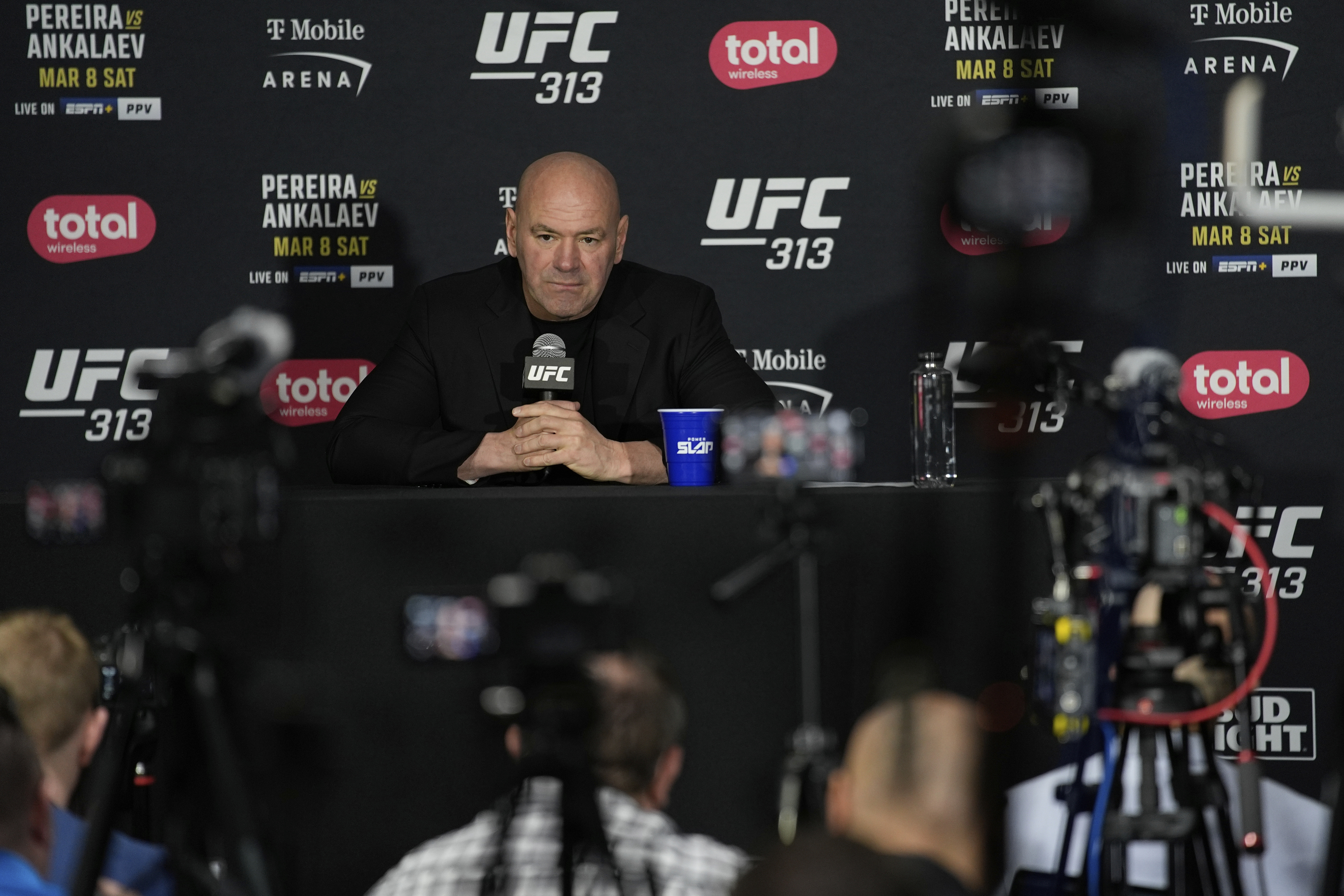 FILE - Dana White, CEO of the Ultimate Fighting Championship, speaks during a news conference following the UFC 313 mixed martial arts event Saturday, March 8, 2025, in Las Vegas.