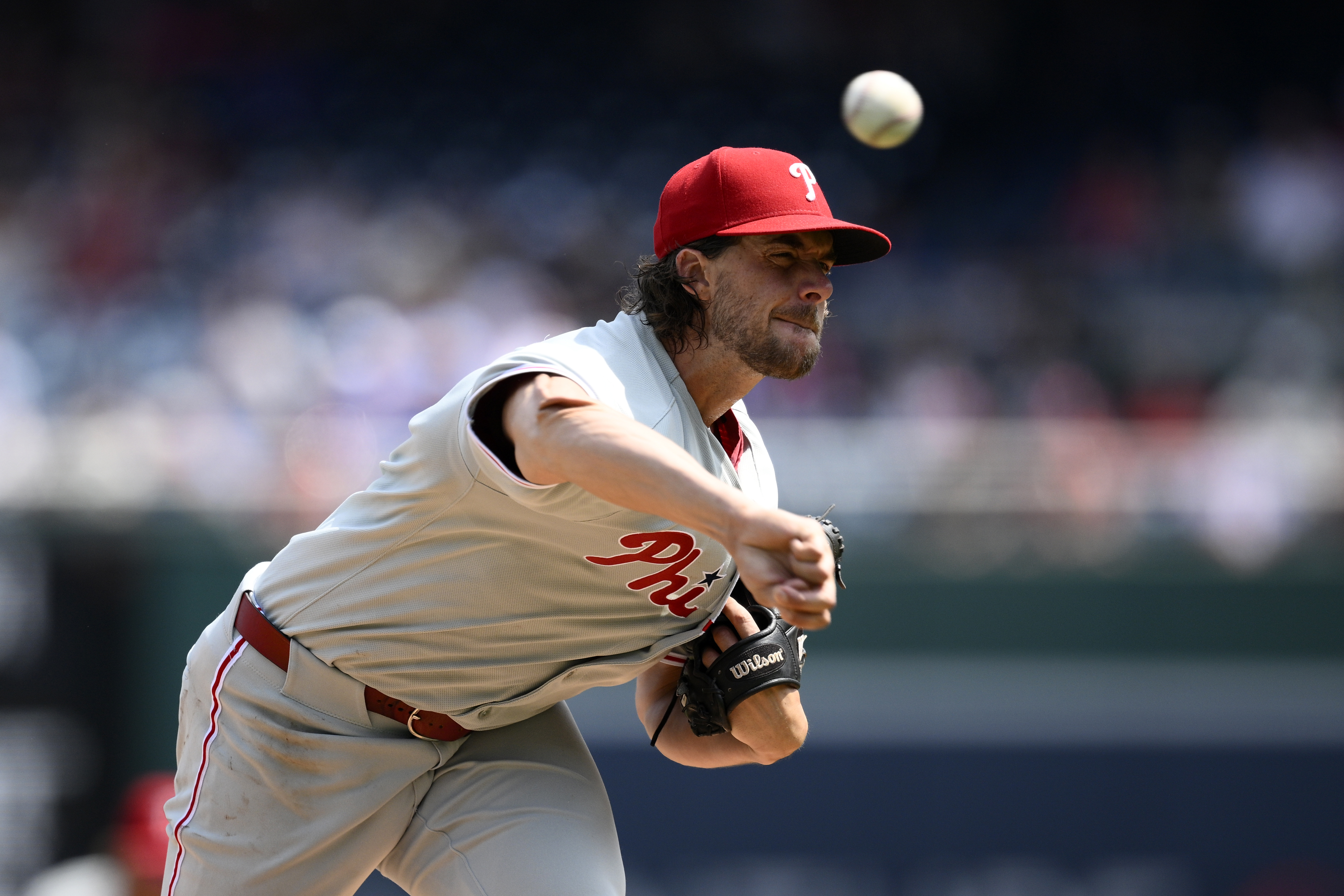 Philadelphia Phillies starting pitcher Aaron Nola throws during the first inning of a baseball game against the Washington Nationals, Sunday, Aug. 17, 2025, in Washington. 