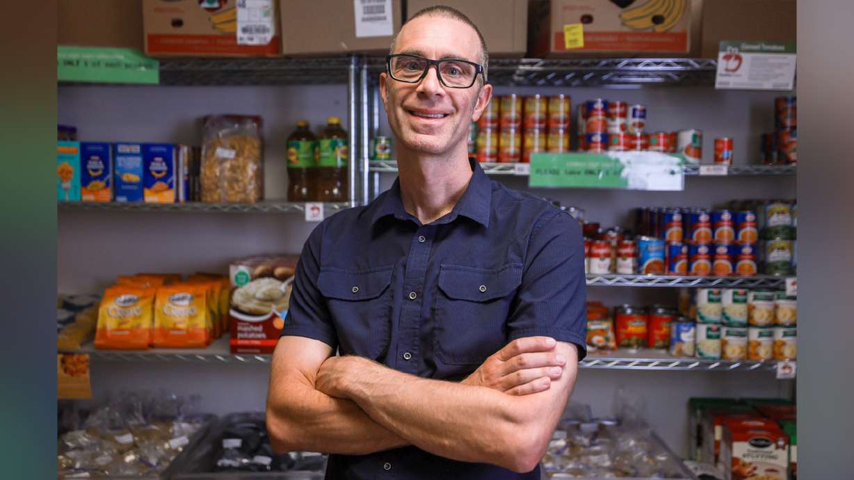 Utah State University psychology professor Michael Twohig poses for a portrait in the Student Nutrition Access Center, or SNAC, food pantry at Utah State University in Logan on Monday.