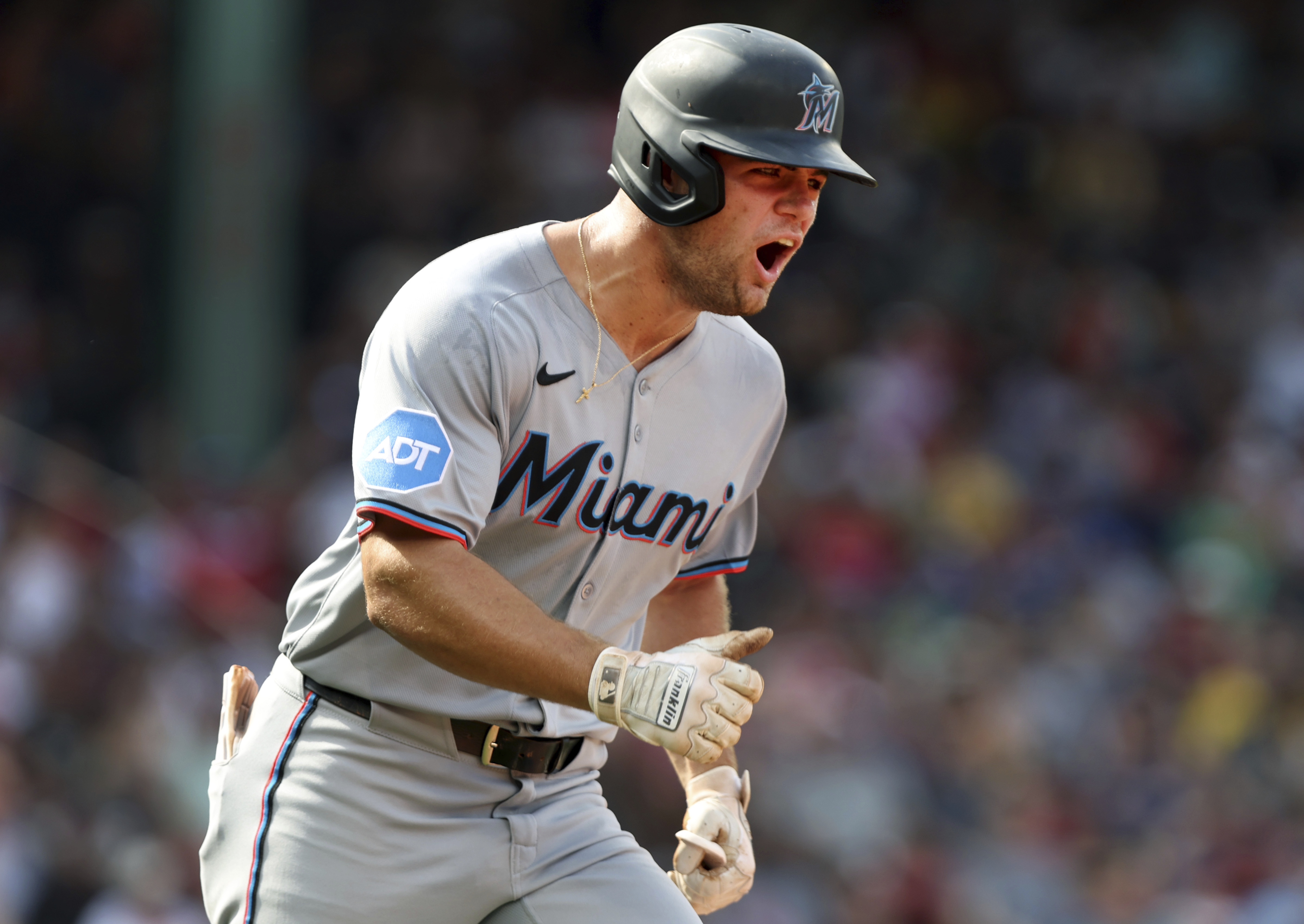 Miami Marlins' Jakob Marsee reacts after hitting a two-run home run in the ninth inning of a baseball game against the Boston Red Sox, Sunday, Aug. 17, 2025, in Boston. 