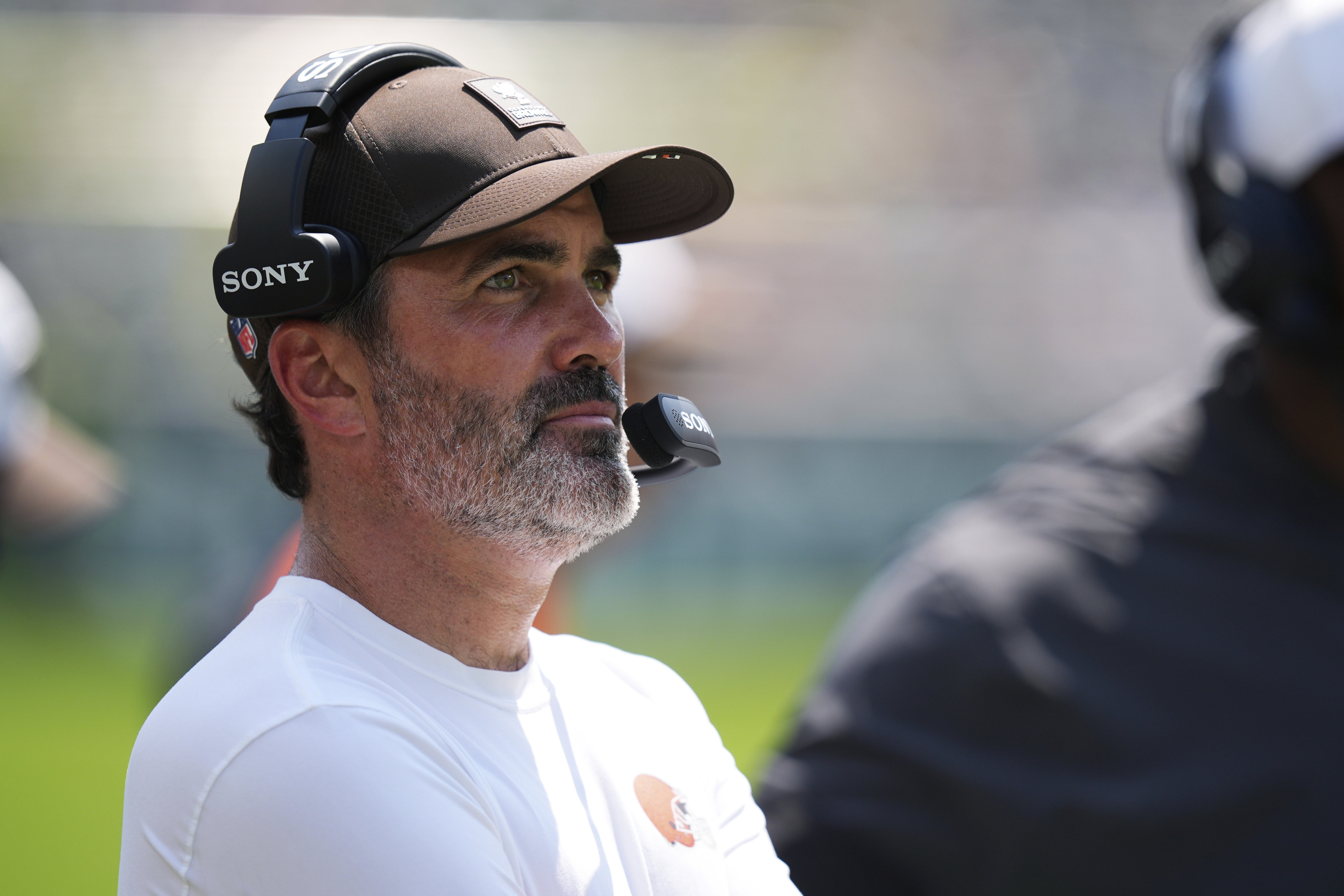 Cleveland Browns head coach Kevin Stefanski watches action during the first half of an NFL preseason football game against the Philadelphia Eagles on Saturday, Aug. 16, 2025, in Philadelphia. 
