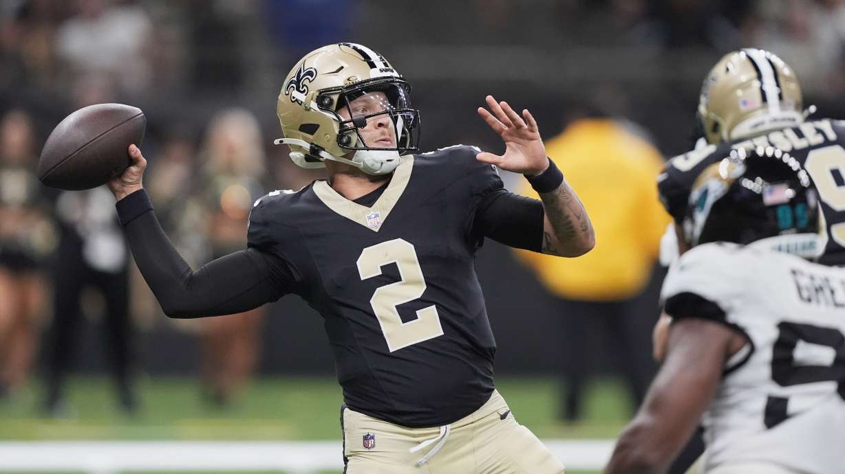 New Orleans Saints quarterback Spencer Rattler (2) throws a pass against the Jacksonville Jaguars in the second half of an NFL preseason football game in New Orleans, Sunday, Aug. 17, 2025.