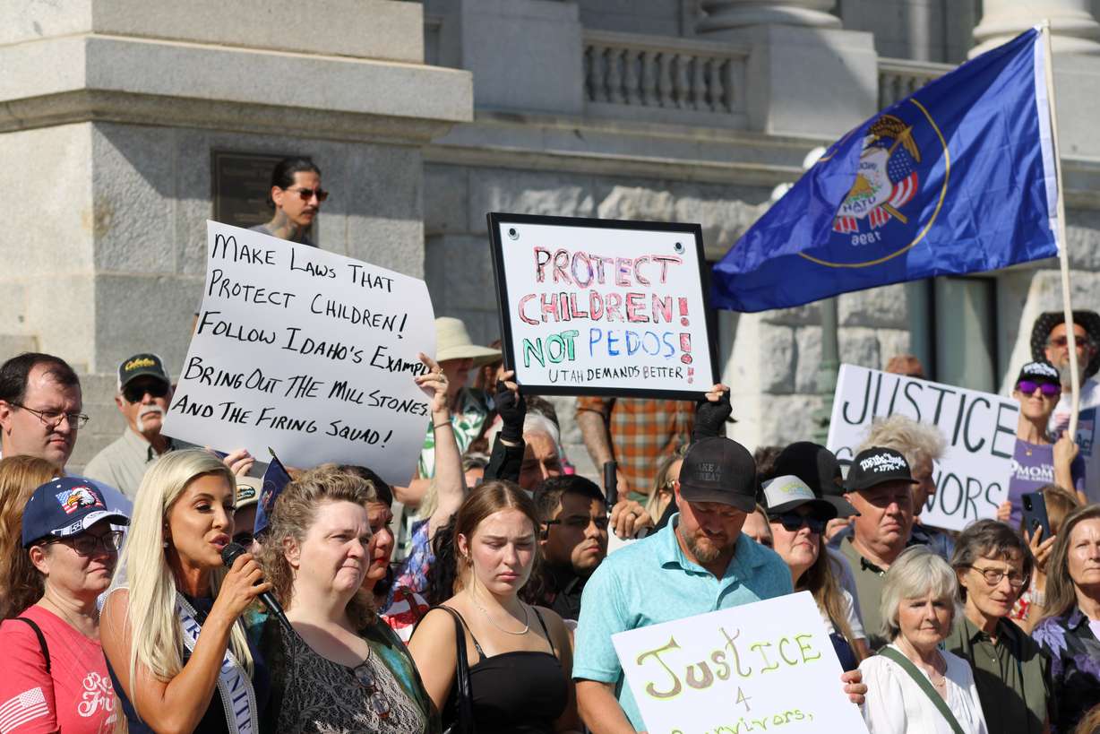 Mrs. United States 2024 Sharelle Mendenhall speaks at a rally at the Capitol in Salt Lake City on Sunday.