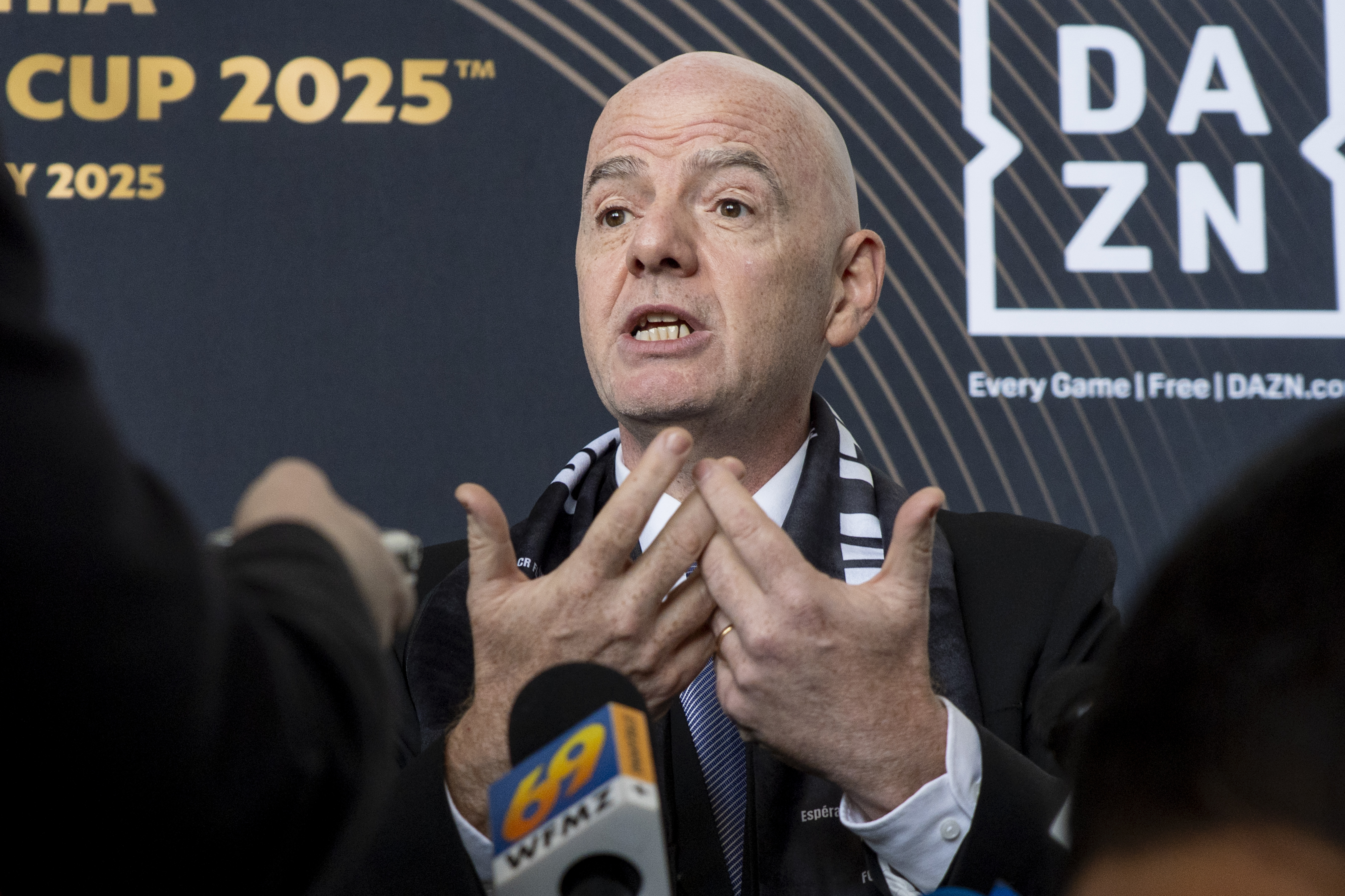 FILE - FIFA President Gianni Infantino speaks to the media at a welcoming event for the 2025 FIFA Club World Cup soccer tournament, April 10, 2025, in Philadelphia. 