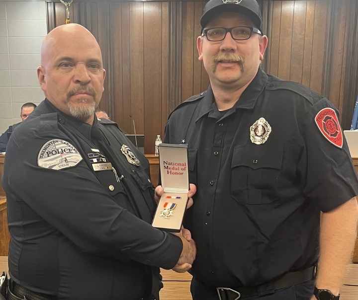 Tremonton Fire Department awarded then-officer Lee Sorensen (left) with the Distinguished Service Award on Feb. 28. "Officer Sorensen demonstrates unwavering dedication and support to our fire and EMS units during incidents. His professionalism and commitment to excellence set a shining example of interdepartmental cooperation," according to the city.