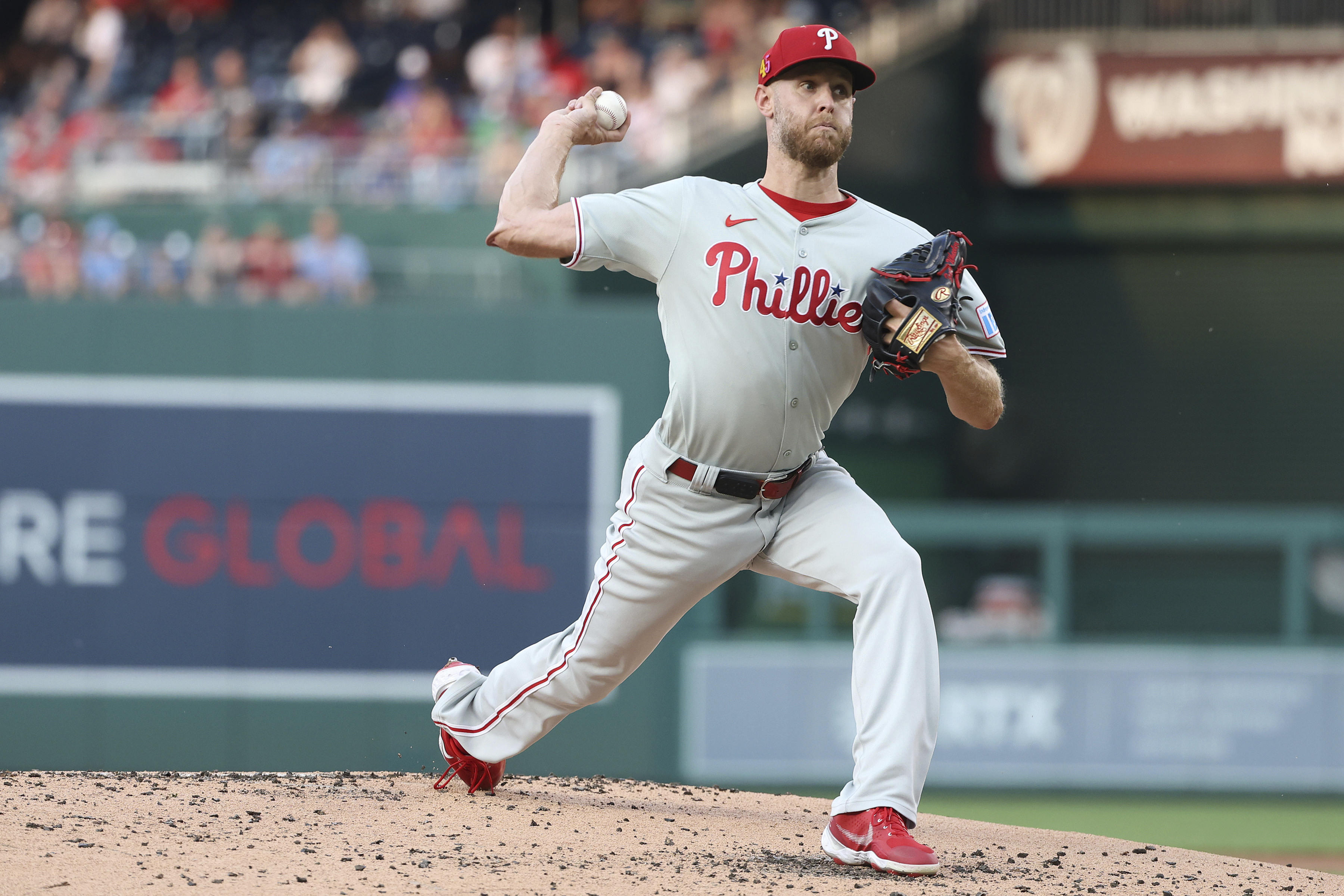 Philadelphia Phillies pitcher Zack Wheeler throws during the first inning of a baseball game against the Washington Nationals, Friday, Aug. 15, 2025, in Washington. 