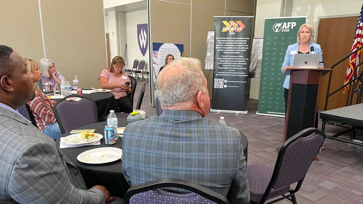 Utah Rep. Karianne Lisonbee discusses her legislative proposal to require proof of U.S. citizenship when registering to vote at an immigration forum on Monday at Weber State University's Davis campus in Layton.