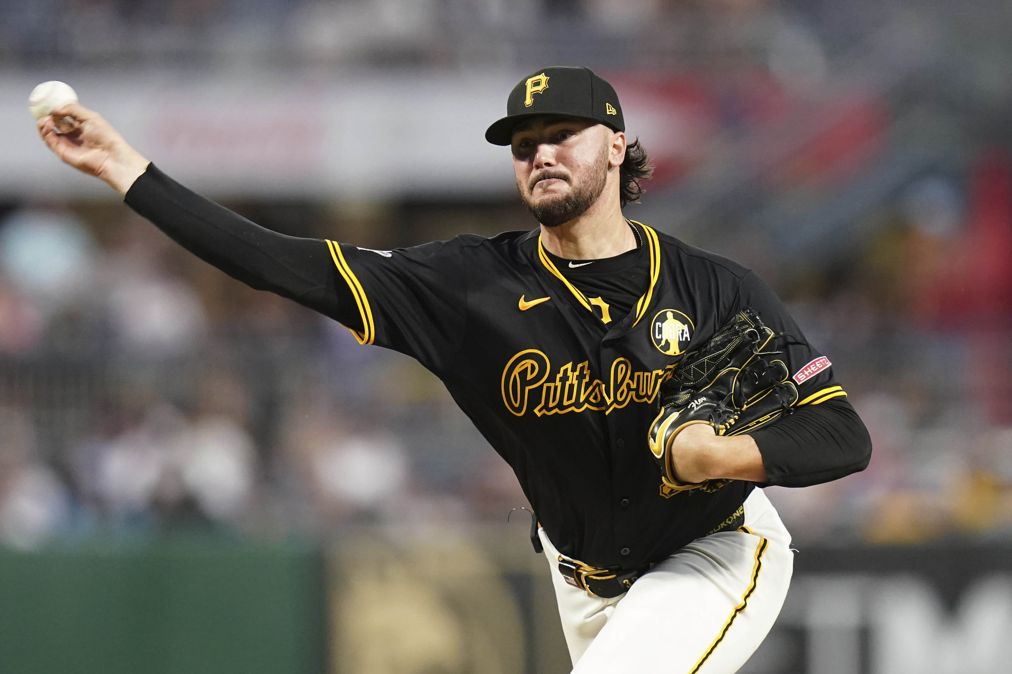 Pittsburgh Pirates pitcher Paul Skenes delivers during the sixth inning of a baseball game against the Toronto Blue Jays, Monday, Aug. 18, 2025, in Pittsburgh.