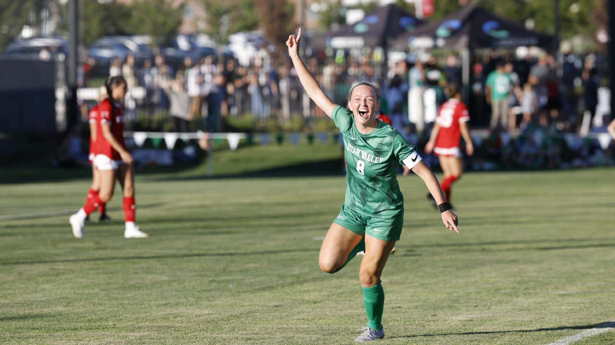 Utah Valley's Ruby Hladek celebrates a goal during a 2-0 win over Utah, Monday, Aug. 18, 2025 at UCCU Stadium in Orem, Utah.