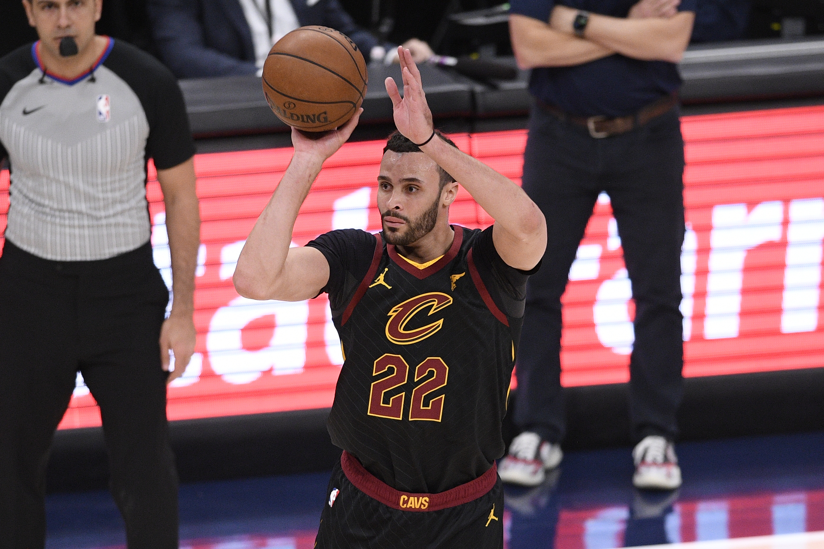 FILE - Cleveland Cavaliers forward Larry Nance Jr. (22) shoots during the second half of an NBA basketball game against the Washington Wizards, April 25, 2021, in Washington. 