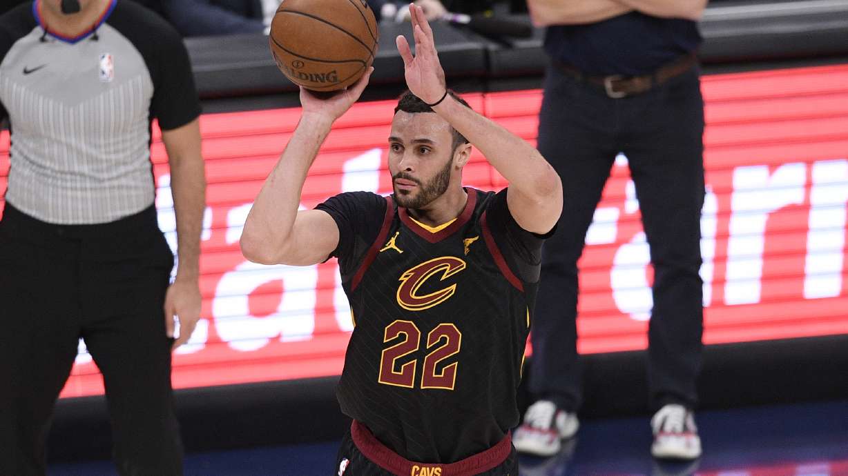 FILE - Cleveland Cavaliers forward Larry Nance Jr. (22) shoots during the second half of an NBA basketball game against the Washington Wizards, April 25, 2021, in Washington.