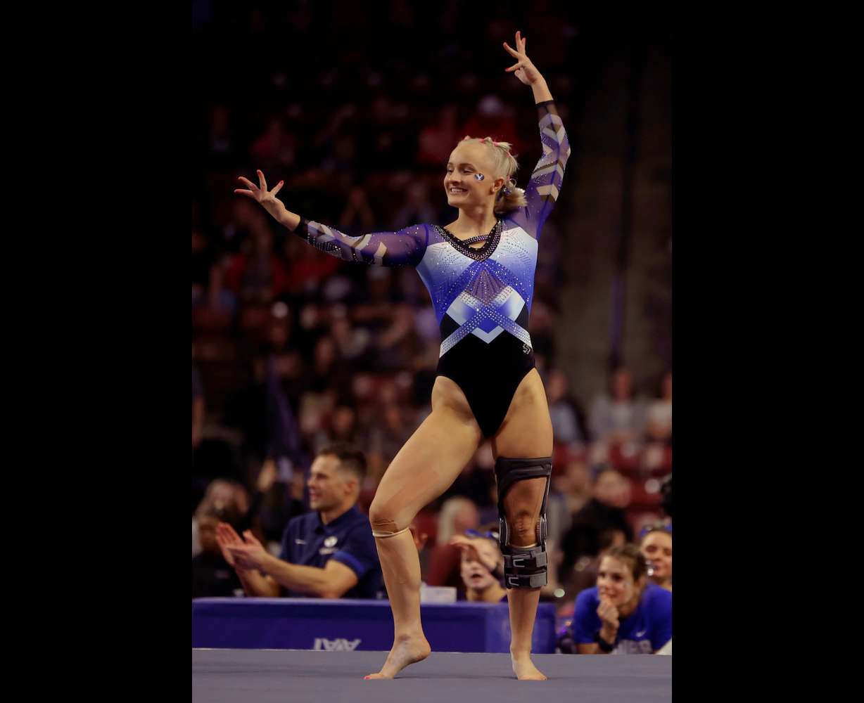 BYU’s Rebekah Bean Ripley performs on the floor at the fourth annual Rio Tinto Best of Utah Meet at the Maverik Center in West Valley City on Jan. 13, 2023.