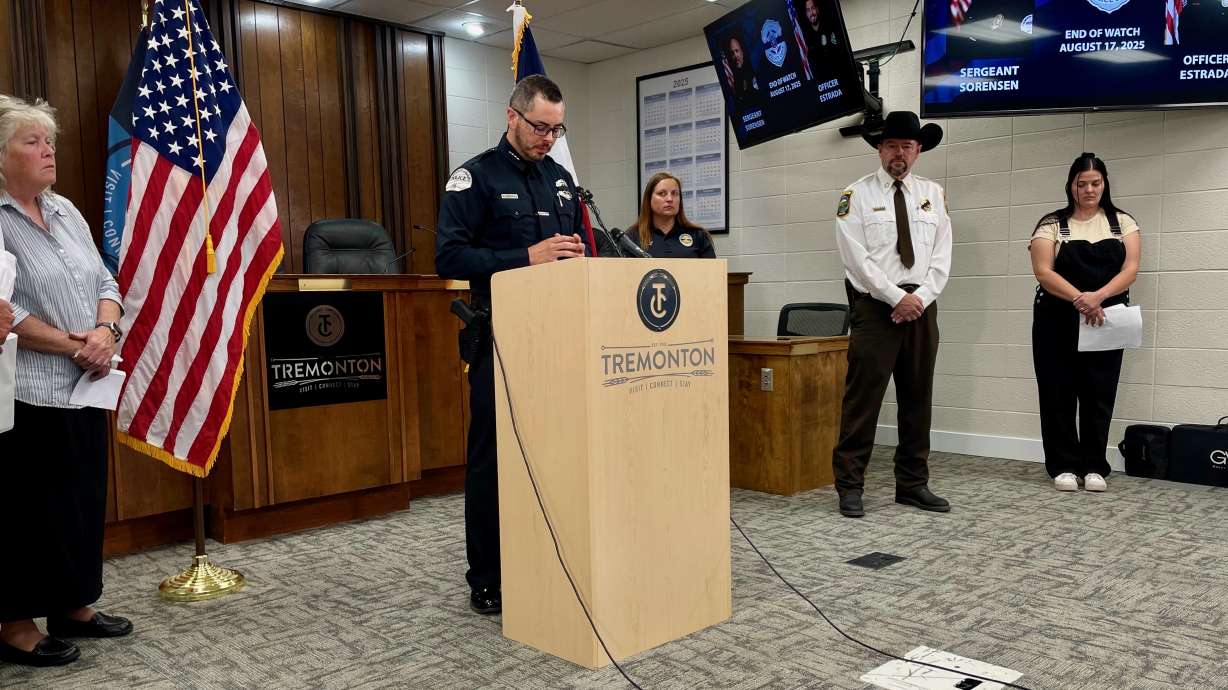 Tremonton Garland Police Chief Dustin Cordova pauses while addressing the media Tuesday at the Tremonton-Garland Police Department on the killings of Sgt. Lee Sorensen and officer Eric Estrada in the line of duty.