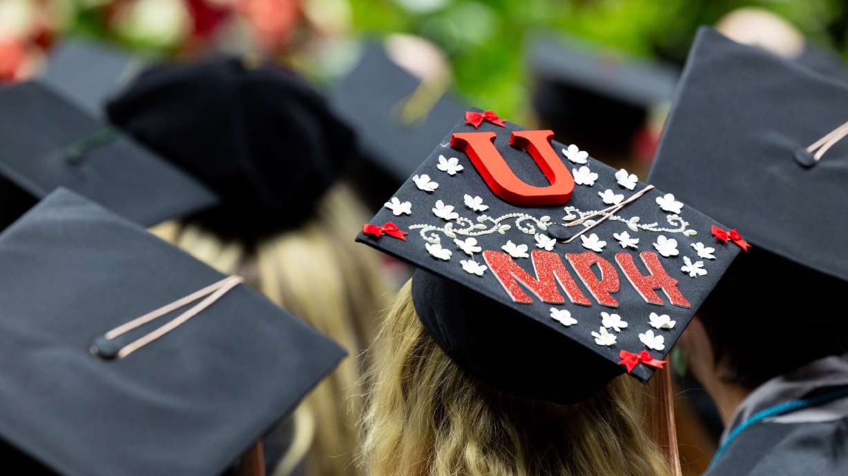 A decorated graduation cap is pictured during the University of Utah's Spencer Fox Eccles School of Medicine commencement program at the Jon M. Huntsman Center in Salt Lake City on May 17. The leaders of the state's eight degree-granting colleges and universities formally presented their respective reallocation plans for the next three years to lawmakers