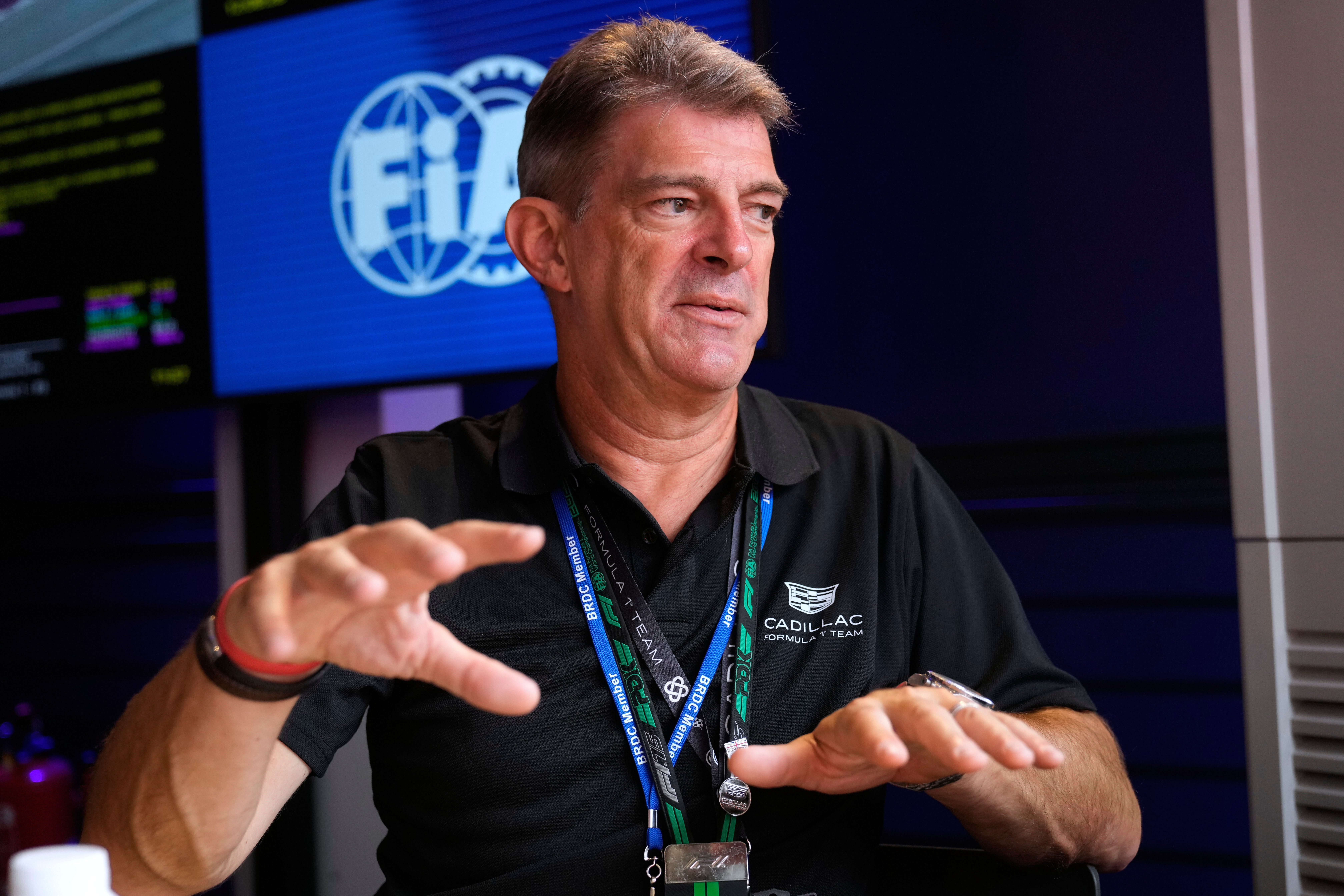 Graeme Lowdon, the team principal of the new Formula One team Cadillac, talks to The Associated Press during an interview at the Silverstone racetrack, ahead of the British Formula One Grand Prix, in Silverstone, England, Sunday, July 6, 2025. 