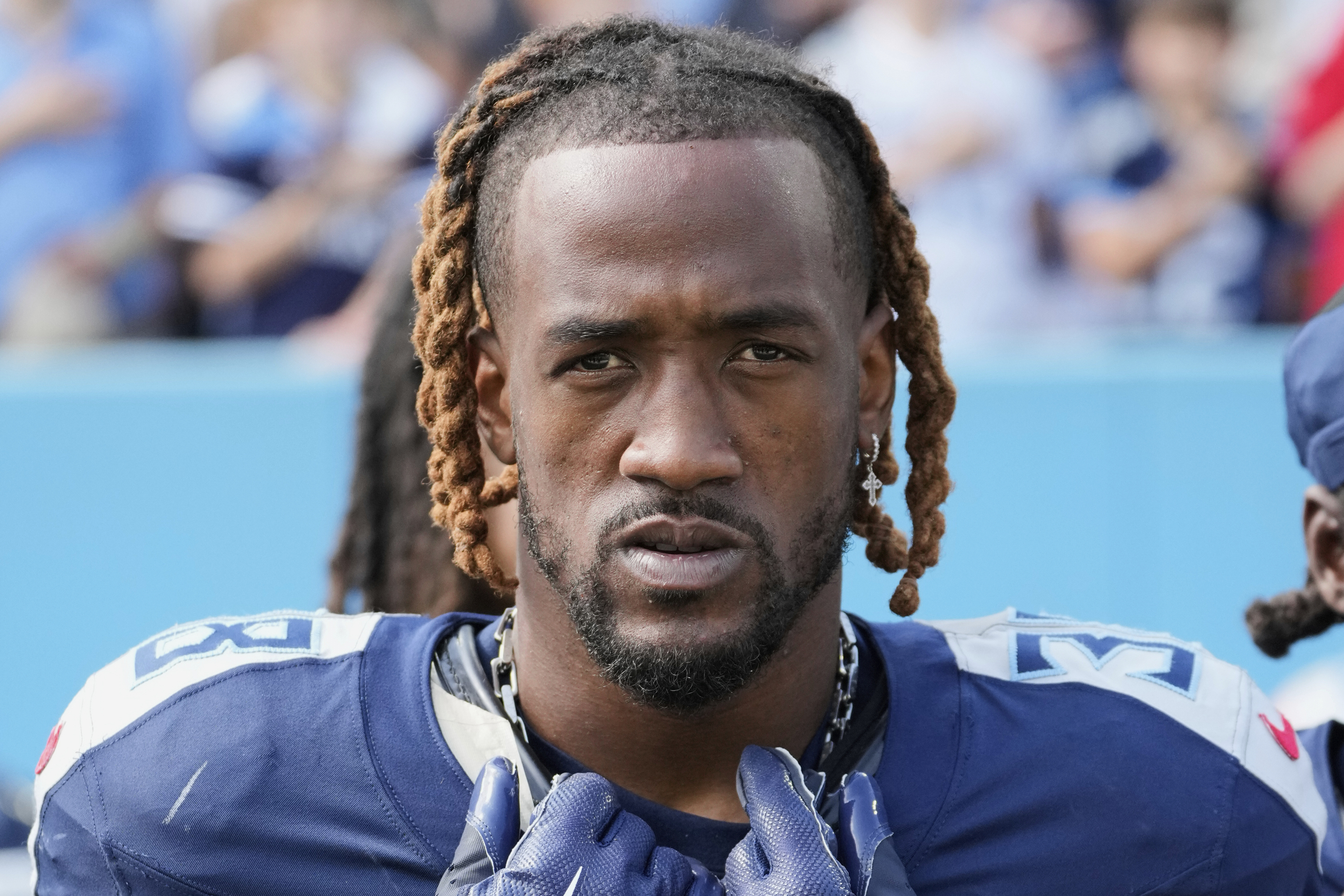 FILE - Tennessee Titans cornerback L'Jarius Sneed (38) looks on before an NFL football game against the Indianapolis Colts, Sunday, Oct. 13, 2024, in Nashville, Tenn. 