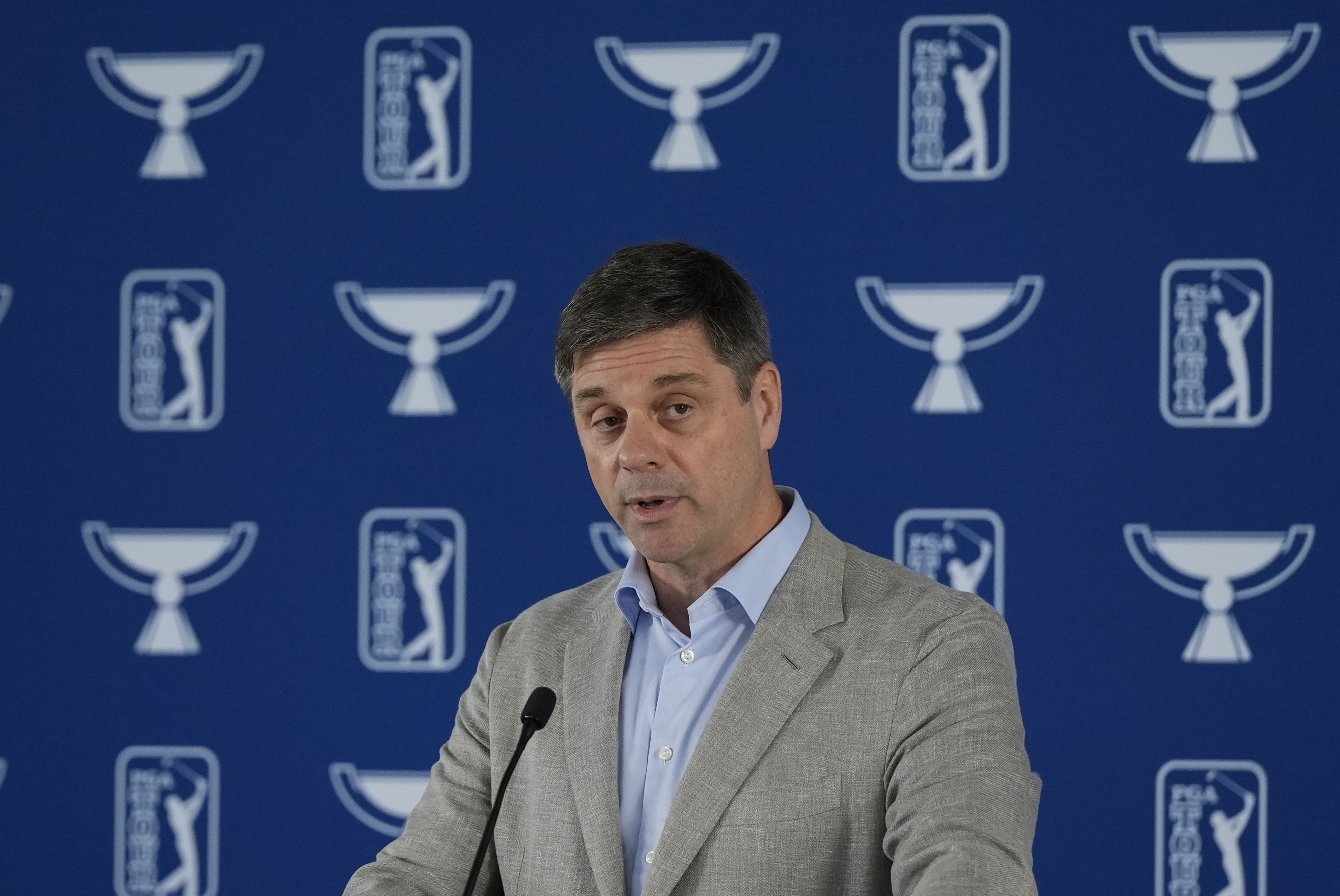 PGA Tour CEO Brian Rolapp speaks before a practice round of the Tour Championship golf tournament, Wednesday, Aug. 20, 2025, in Atlanta. 