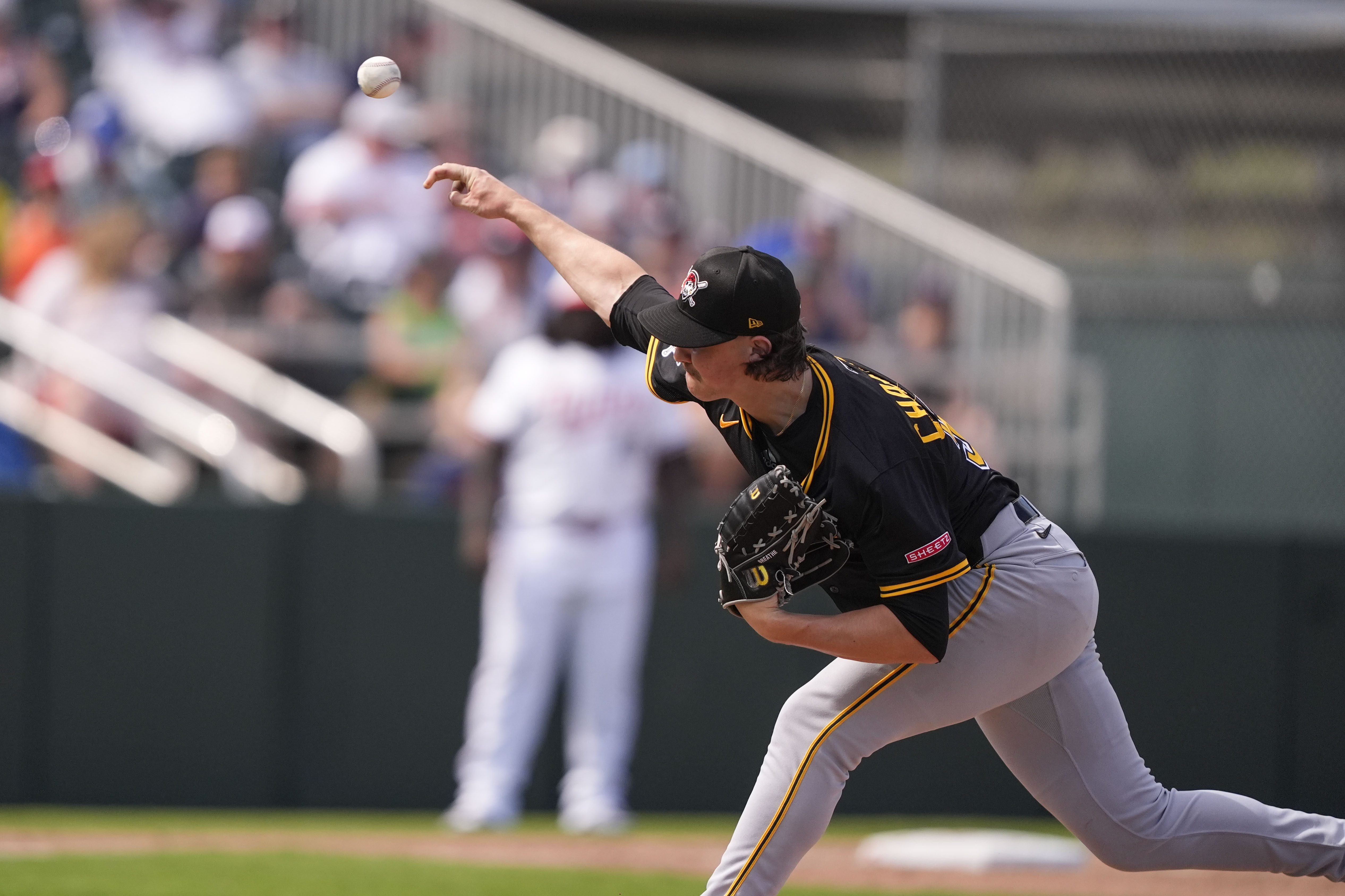 FILE - Pittsburgh Pirates pitcher Bubba Chandler delivers in the third inning of a spring training baseball game against the Minnesota Twins in Fort Myers, Fla., Thursday, Feb. 27, 2025. 