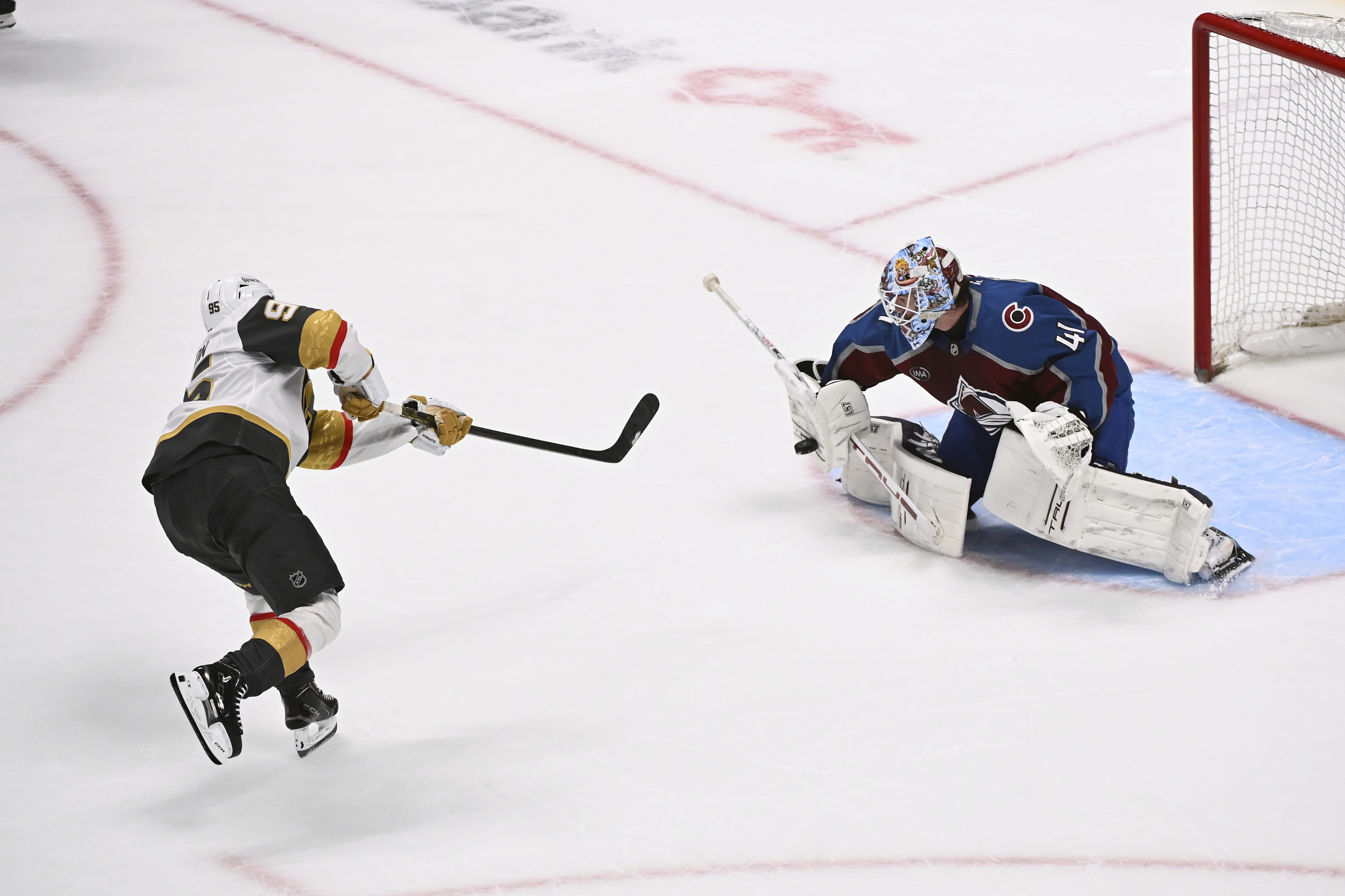 FILE - Vegas Golden Knights right wing Victor Olofsson shoots against Colorado Avalanche goaltender Scott Wedgewood in a shootout in an NHL hockey game in Denver, April 8, 2025. 