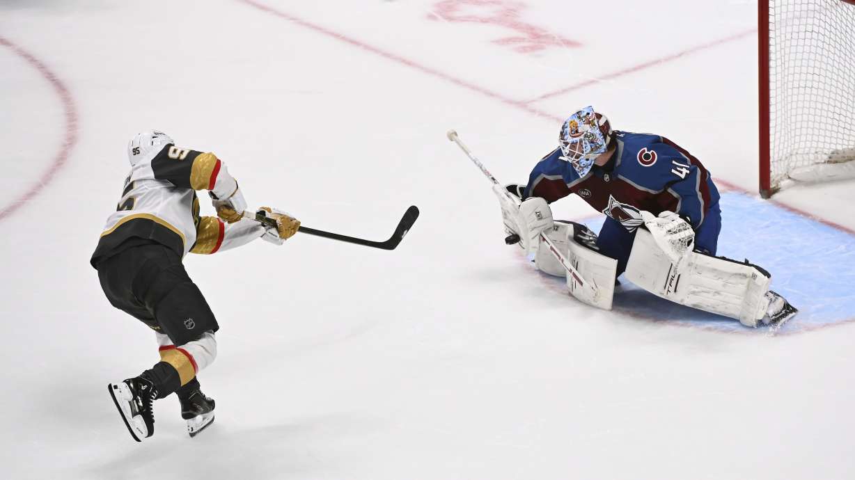 FILE - Vegas Golden Knights right wing Victor Olofsson shoots against Colorado Avalanche goaltender Scott Wedgewood in a shootout in an NHL hockey game in Denver, April 8, 2025.