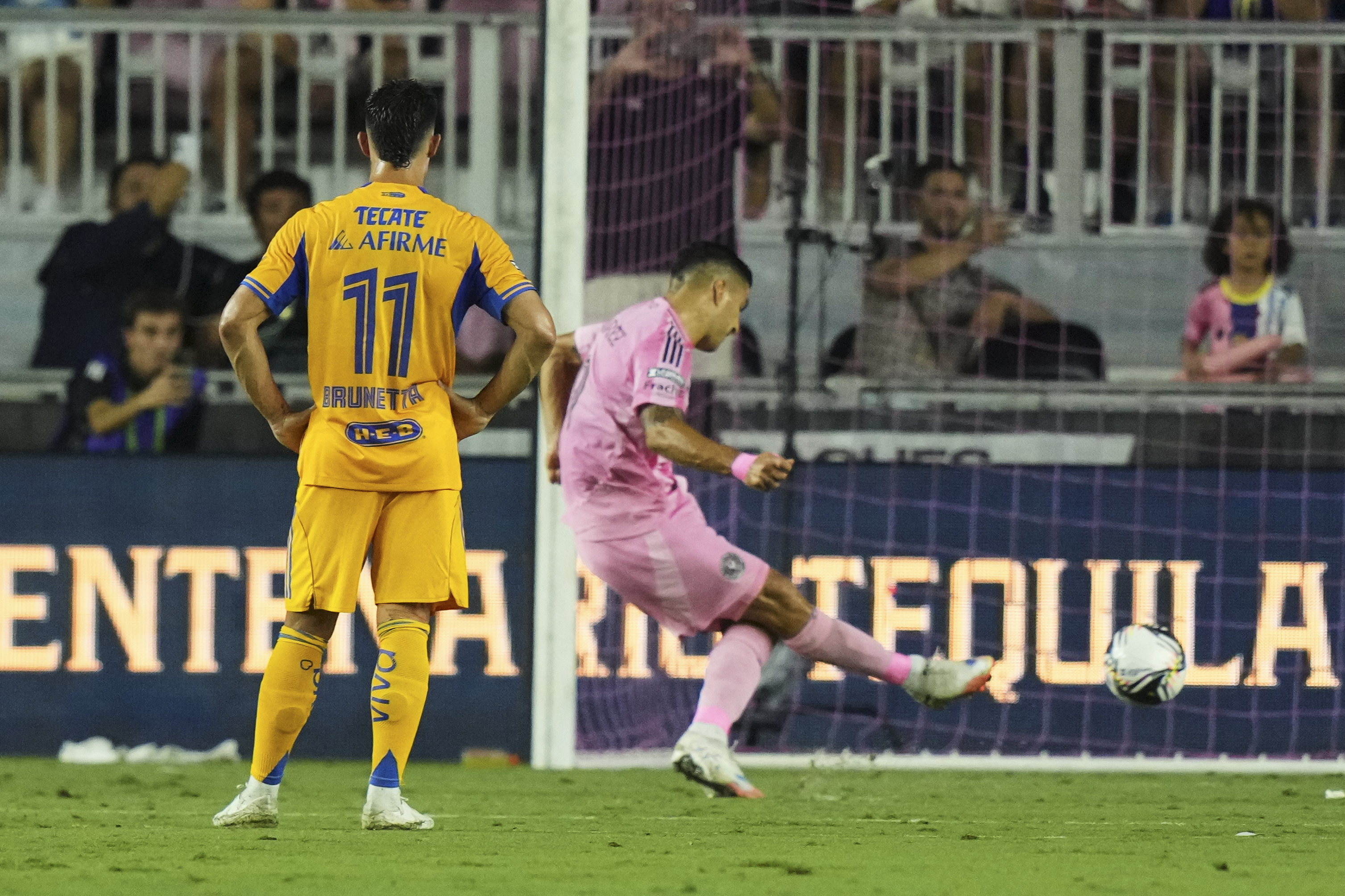 Inter Miami forward Luis Suárez kicks a penalty for a goal during the first half of a Leagues Cup quarterfinal soccer match against Tigres UANL, Wednesday, Aug. 20, 2025, in Fort Lauderdale, Fla. 
