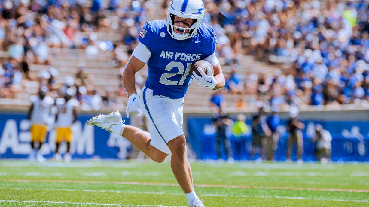 Air Force Academy wide receiver Cade Harris snags a catch during the Falcons' Aug. 31, 2024, game against Merrimack. Harris is a graduate of Roy High School and is expected to be one of the Falcons' most potent offensive weapons in 2025.