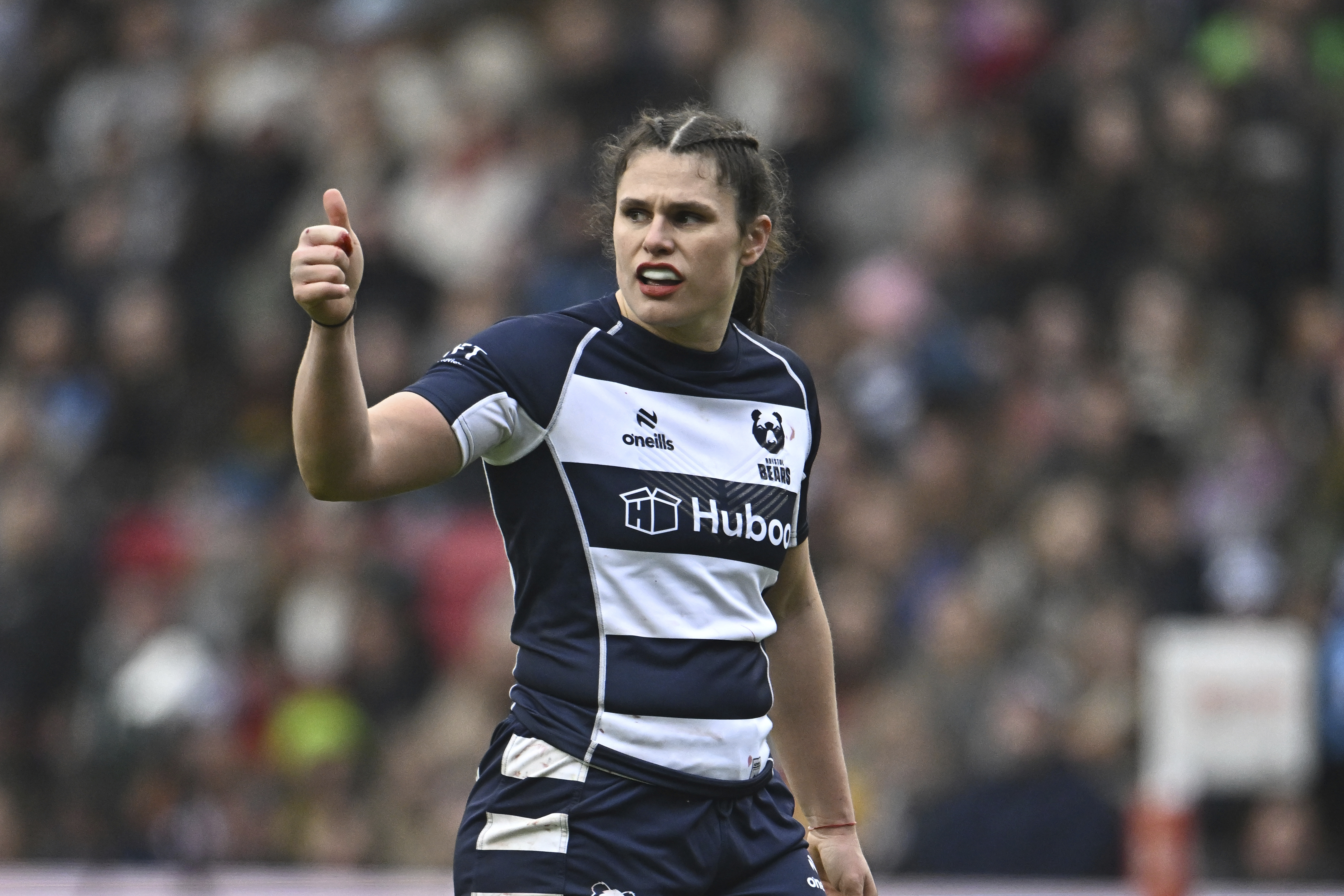 FILE - Bristol Bears' Ilona Maher reacts to the crowd after the end of the women's rugby union match between Bristol Bears and Leicester Tigers at Ashton Gate stadium in Bristol, England, Jan. 18, 2025. 