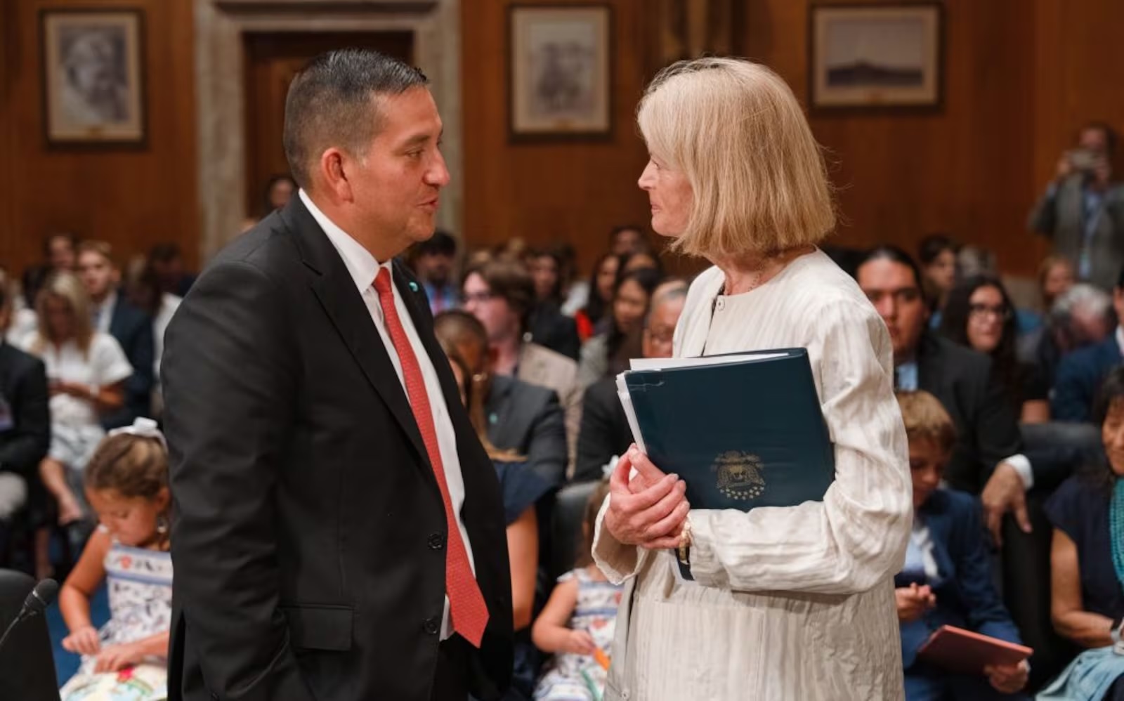 Sen. Lisa Murkowski, R-Alaska, greets William Kirkland during Indian Affairs Committee Hearings to examine the nomination of Kirkland, of Georgia, to be an assistant Secretary of the Interior, in Washington, D.C., on July 17. 