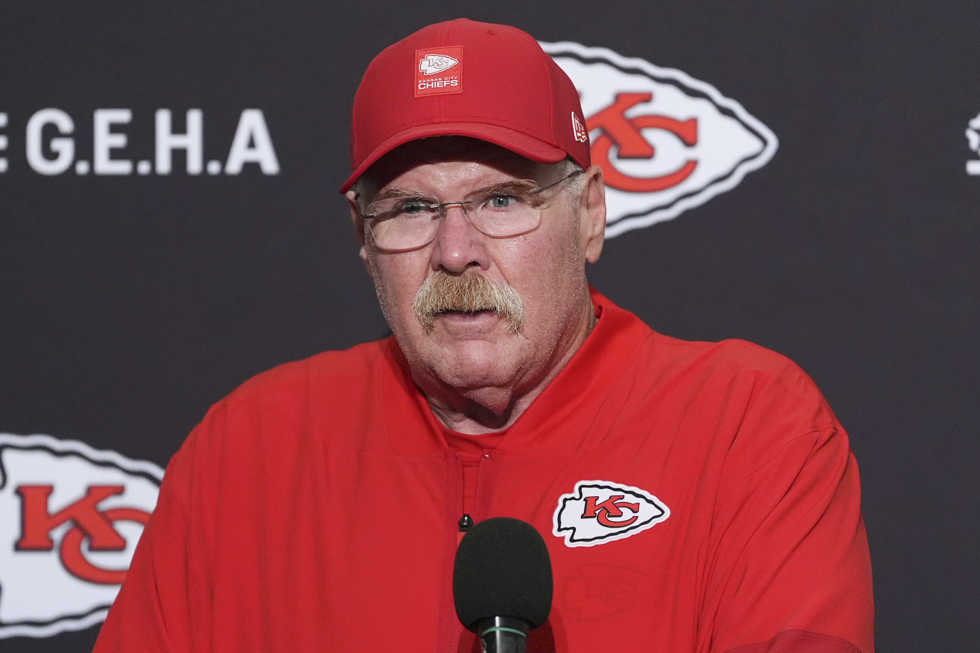 Kansas City head coach Andy Reid speaks during a press conference after an NFL preseason football game on Aug. 15 in Seattle. Police said Thursday they are investigating a case in which multiple bullets were fired at the Chiefs' practice facility in May 2024, one of which entered Reid's office while he was inside.