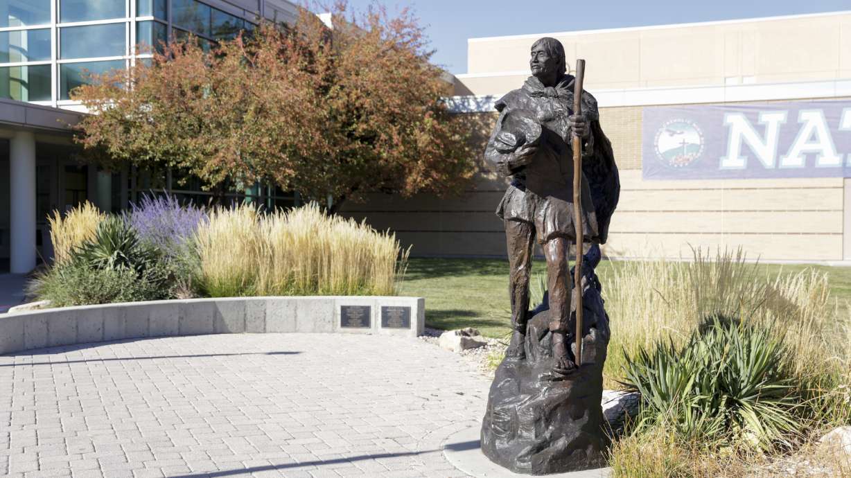 A statue at Juan Diego Catholic High School in Draper on Oct. 17, 2022. One day after filing a lawsuit alleging an investigation into international student-athlete recruiting was retaliatory, Juan Diego withdrew the suit.