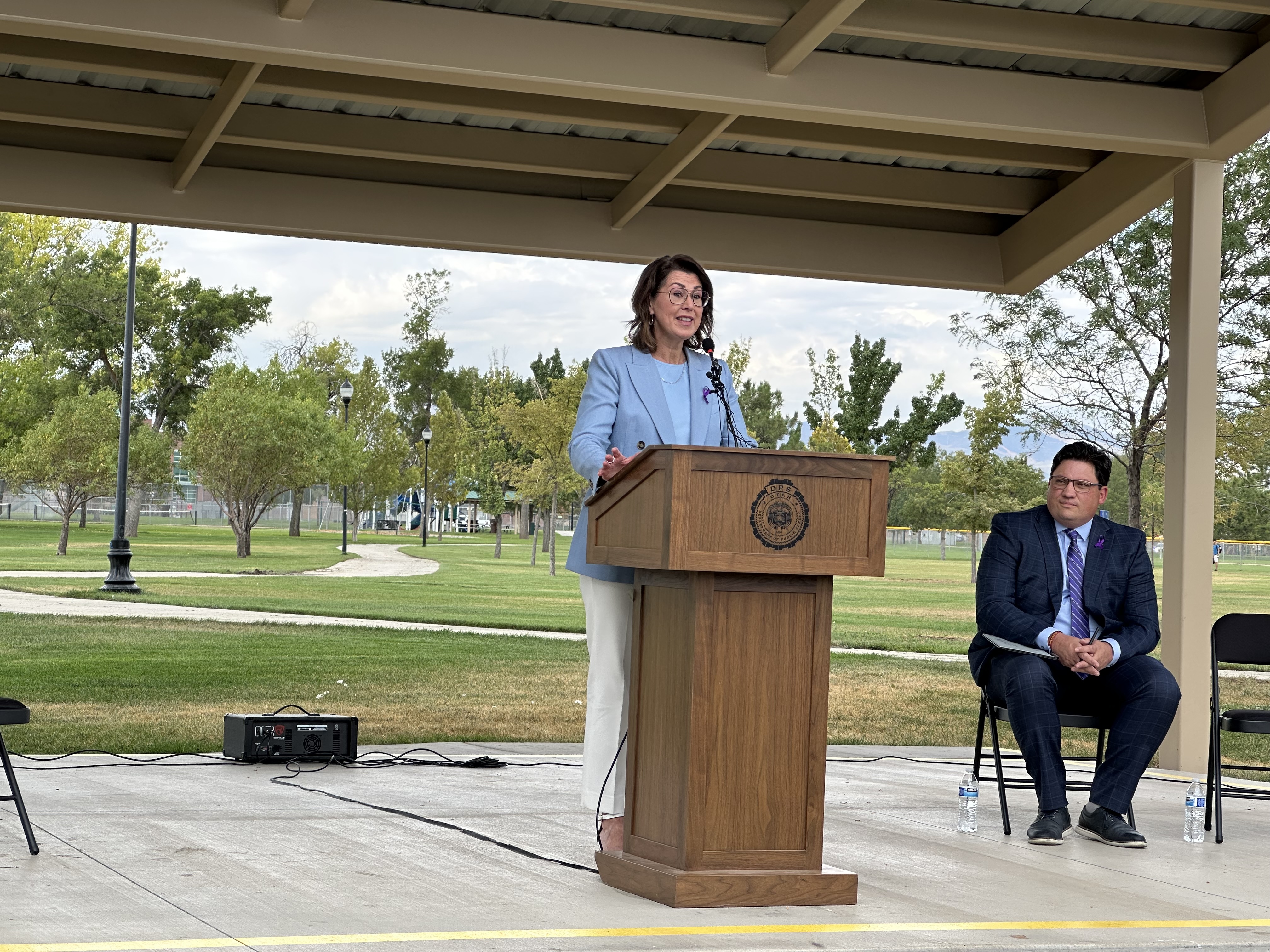 Lt. Gov. Deidre Henderson speaks at a press conference Thursday announcing the launch of an interactive data dashboard that aims to fill information gaps to prevent domestic violence.