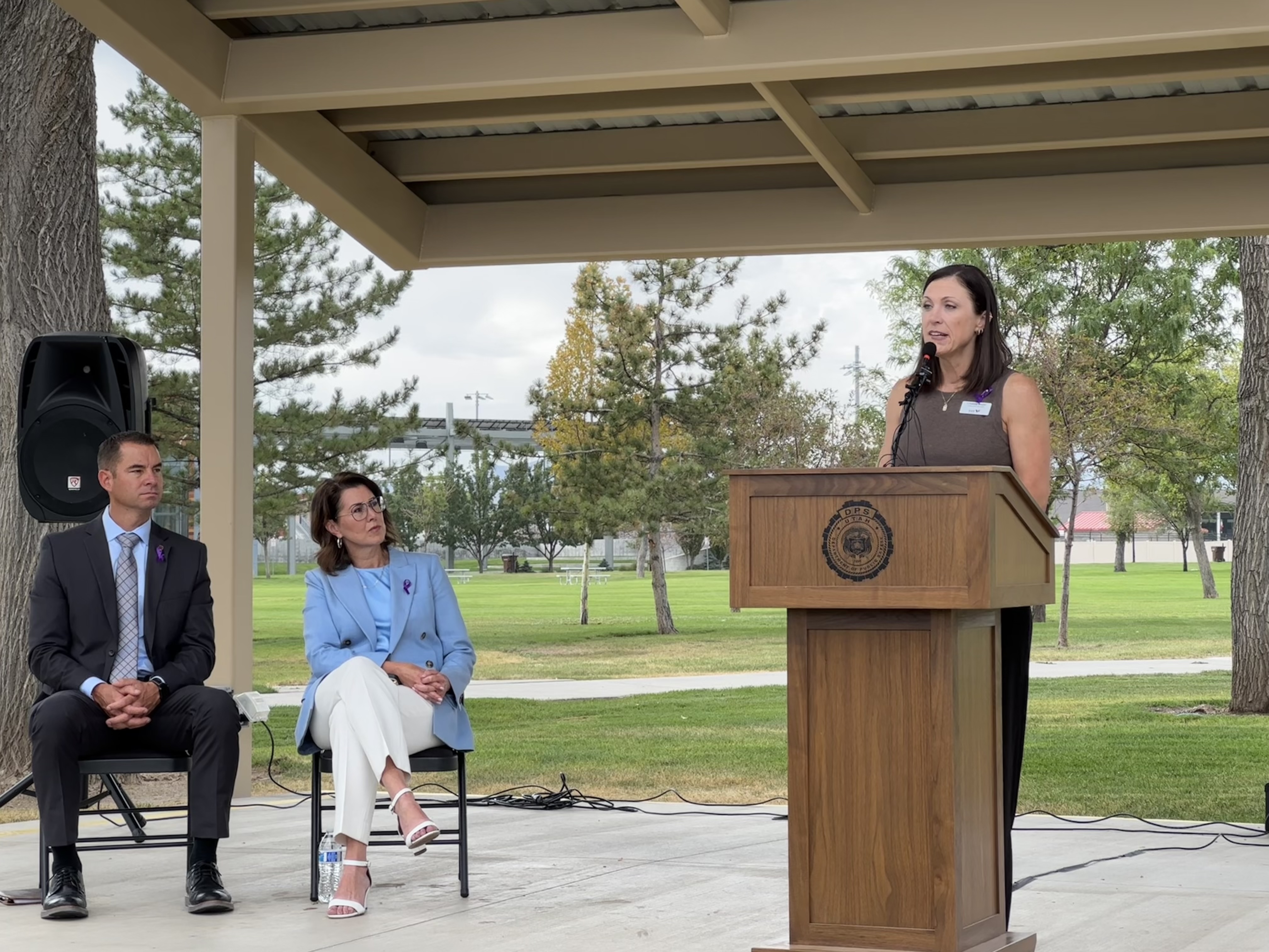 South Valley Services Director Lindsey Boyer speaks at a press conference Thursday in West Jordan, announcing the launch of an interactive data dashboard that aims to fill information gaps to prevent domestic violence.