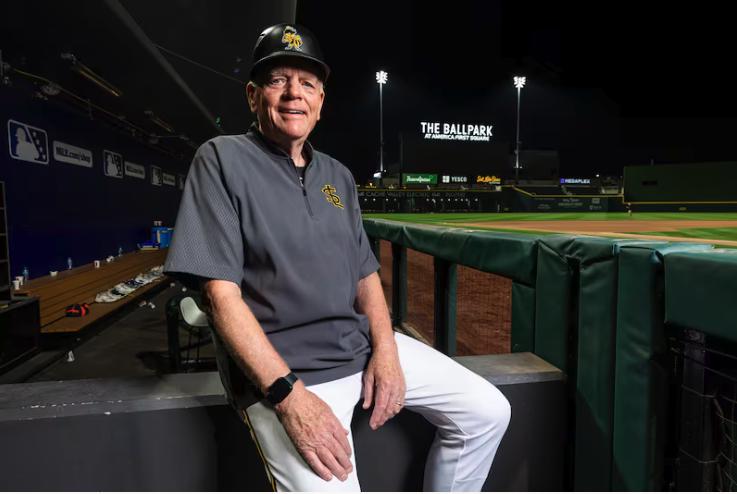 Gene Chidester, 76, a batboy for the Salt Lake Bees, poses for a portrait next to the visiting team’s dugout after a Minor League Baseball game between the Bees and the Las Vegas Aviators held at The Ballpark at America First Square in South Jordan on Aug. 5.