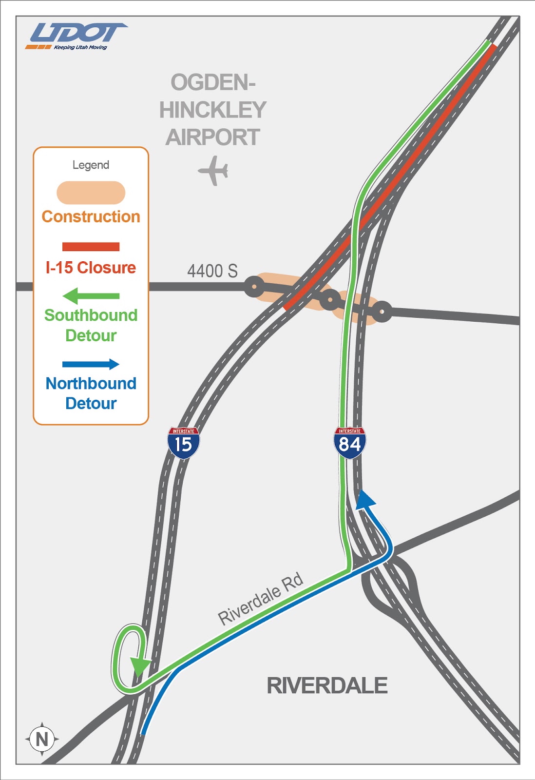 A section of I-15 in Riverdale will be closed to traffic late Saturday, Aug. 23,  to early Sunday, Aug. 24, as part of a new Utah Department of Transportation bridge project in the area. The map shows the recommended detours.