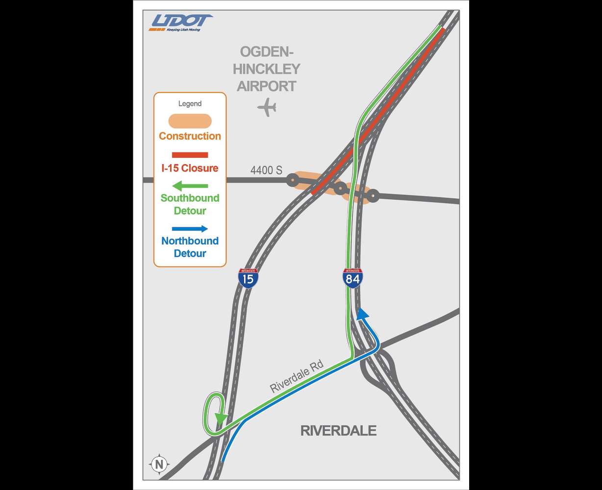 A section of I-15 in Riverdale will be closed to traffic late Saturday, Aug. 23, to early Sunday, Aug. 24, as part of a new Utah Department of Transportation bridge project in the area. The map shows the recommended detours.